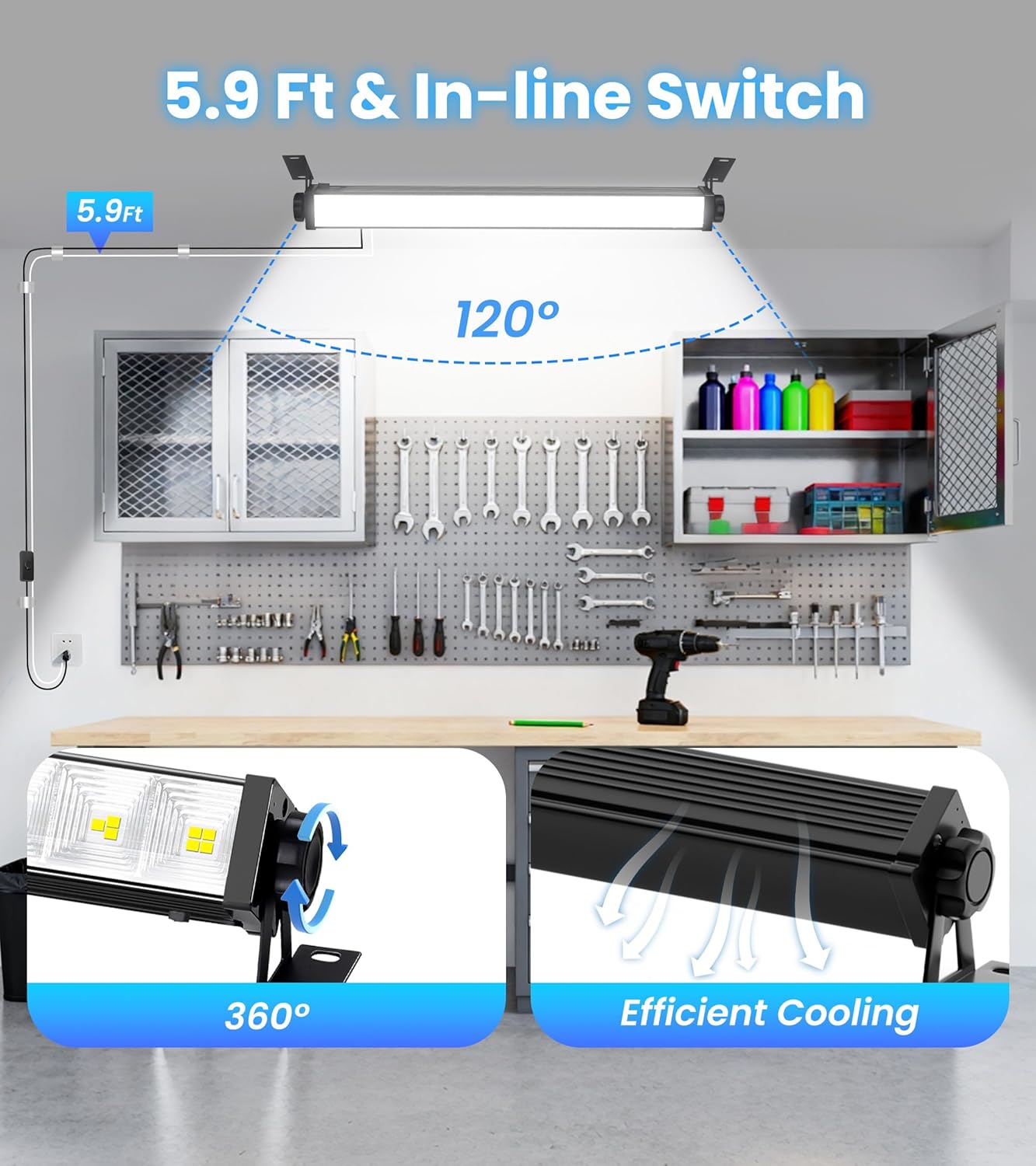 28W LED Shop Light, 5500LM Plug in Garage Light with 5.9 FT Power Cord & Switch, 5000K Daylight White, Plug in LED Work Lighting for Garage, Workshop, Warehouse, Yard, Workbench, basement, 1 Pack