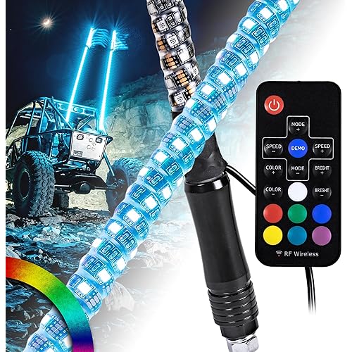 True Mods 2pc 3ft Spiral RGB LED Whip Light for UTV ATV [RF Wireless Remote] Flag Waterproof LED Lighted Whip CB Antenna Pole Stick for RZR Can-Am Polaris SxS 4x4 Quad Dune Buggy 4 Wheeler Accessories