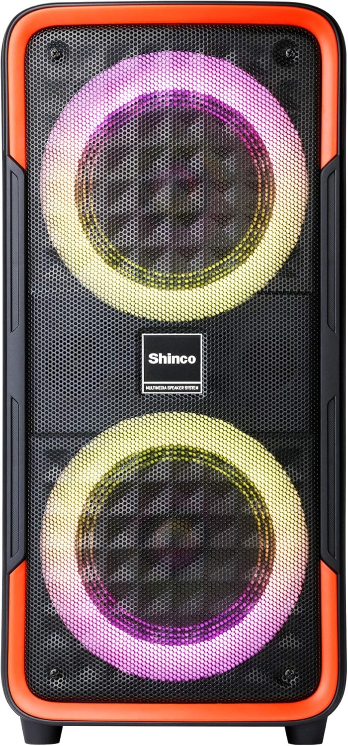 Shinco Bluetooth Speaker front view su apšviestais žemųjų dažnių garsiakalbiais
