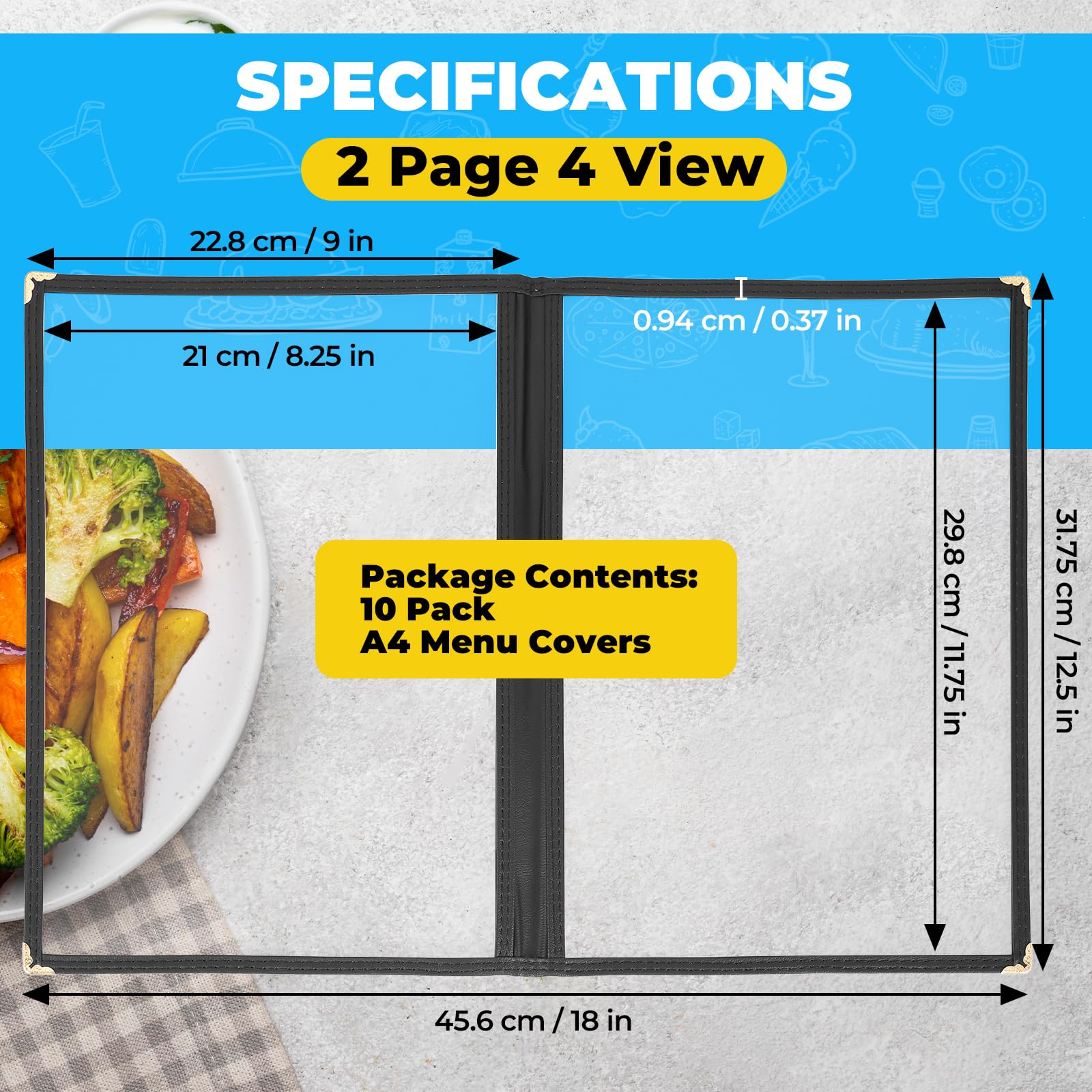 DASBET Protège-menu A4 pour menu de restaurant, 2 pages, 4 vues transparentes, chemises de menus noires avec protections d'angle en métal, convient pour les restaurants, bars, cafés (10, 2 pages, 4