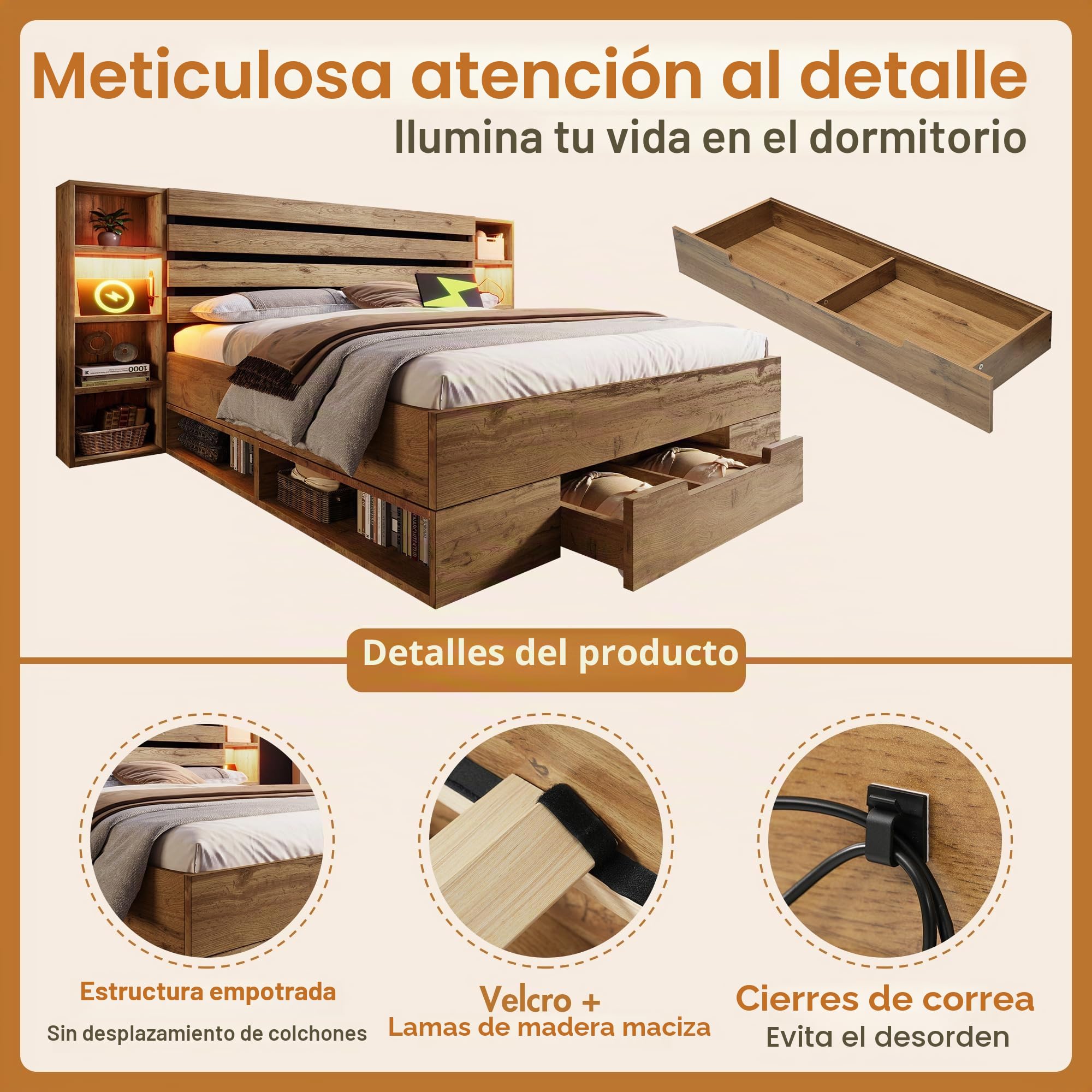 Lubvtti Cama Acolchada 160 × 200 cm con iluminación LED y USB & Type-C cabecera y cajones,Cama Matrimonio con contenedor,Cama Doble,Estructura Cama 160 x 200 cm con somier de láminas,Natural