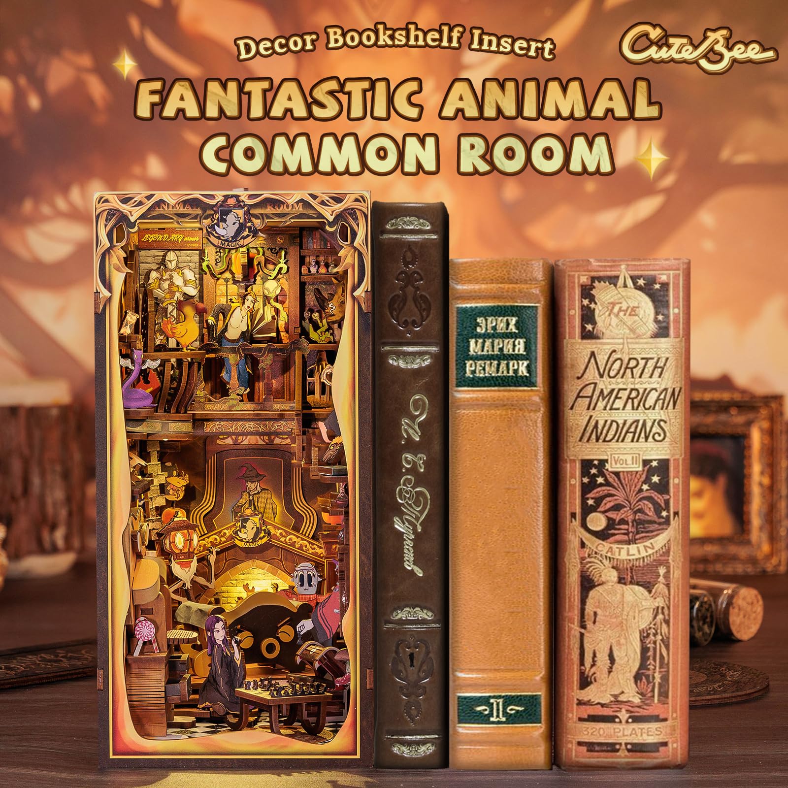 CUTEBEE DIY Book Nook Kit casa delle bambole con copertura miniatura diorama booknook kit con luce LED,3D kit di modellazione in legno,modellismo da costruire adulti (Fantastic Aimal Common Room)