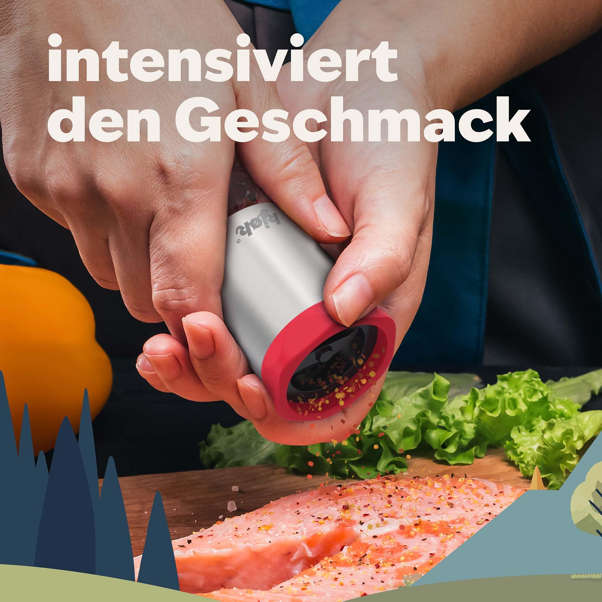 kjøk Młynek do chili 100 ml, stal i szkło – młynek do przypraw | Ręczny młynek do chili ze stalowym mechanizmem tnącym i szklanym pojemnikiem – z pokrywką chroniącą zawartość