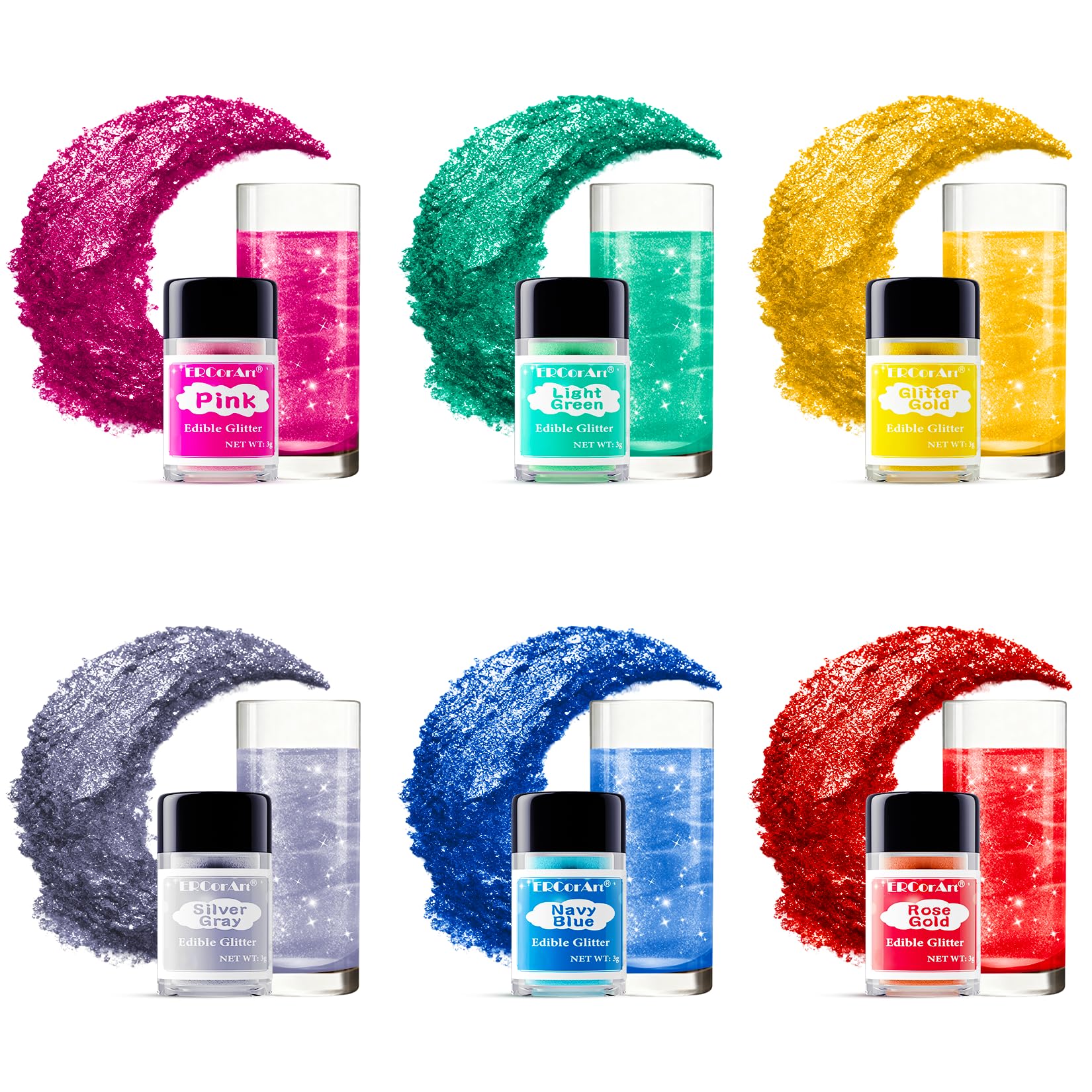 Edible Glitter - 6 Colors Luster Dust Edible, Food Grade Cake Decorating Shimmering Glitter for Drinks, Powder Glitter for Fondant, Chocolate, Candy, Cookie- 3g, Vegan