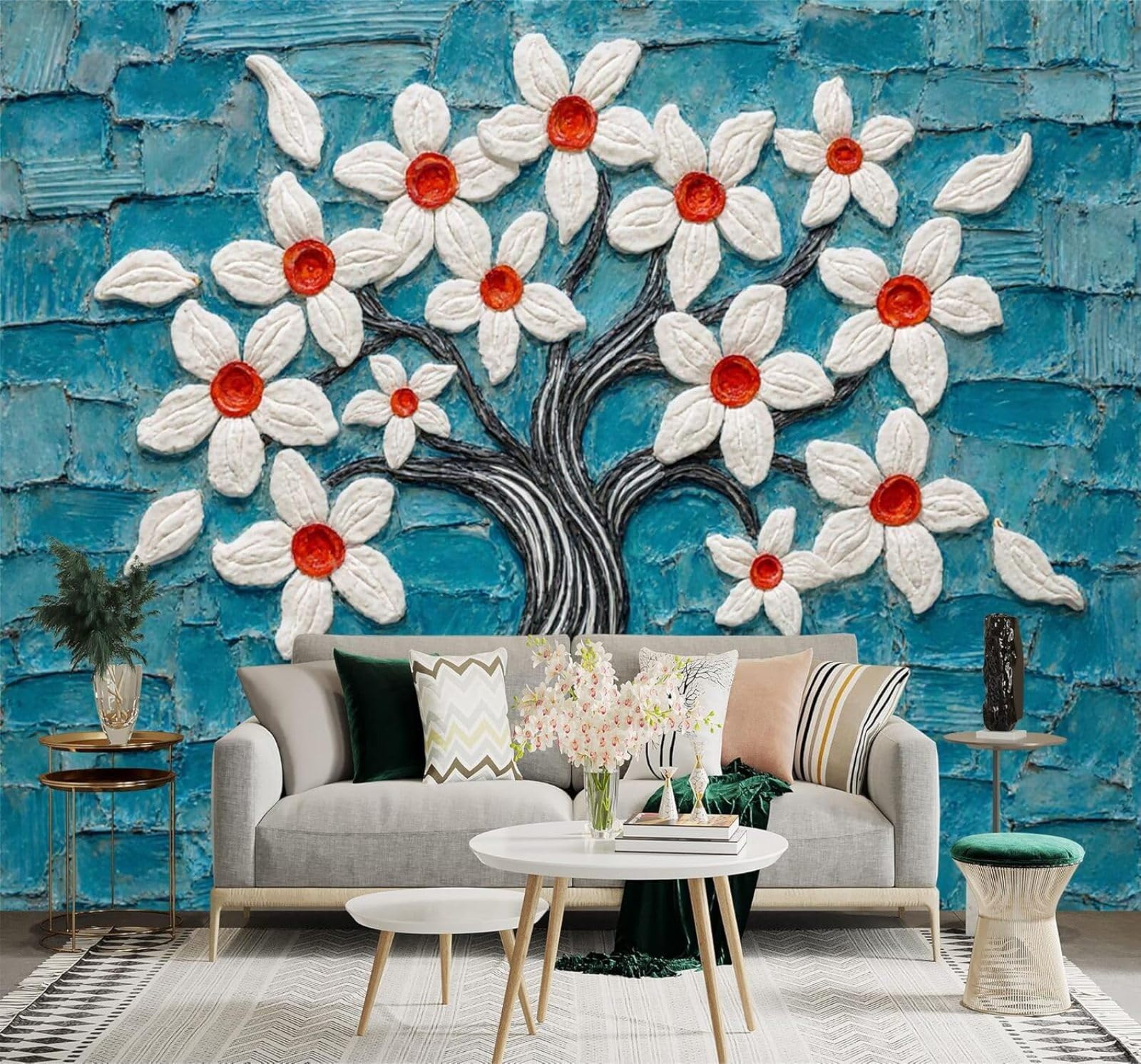 Tzxztt 400Cm×280Cm(B×H) White Flowers Red Centres Trees Abstract Blue Texture Modern 3D Wallpaper Premium Textured Silk Neutral Tones Material Ideal For Living Room Bedroom-400Cm×280Cm