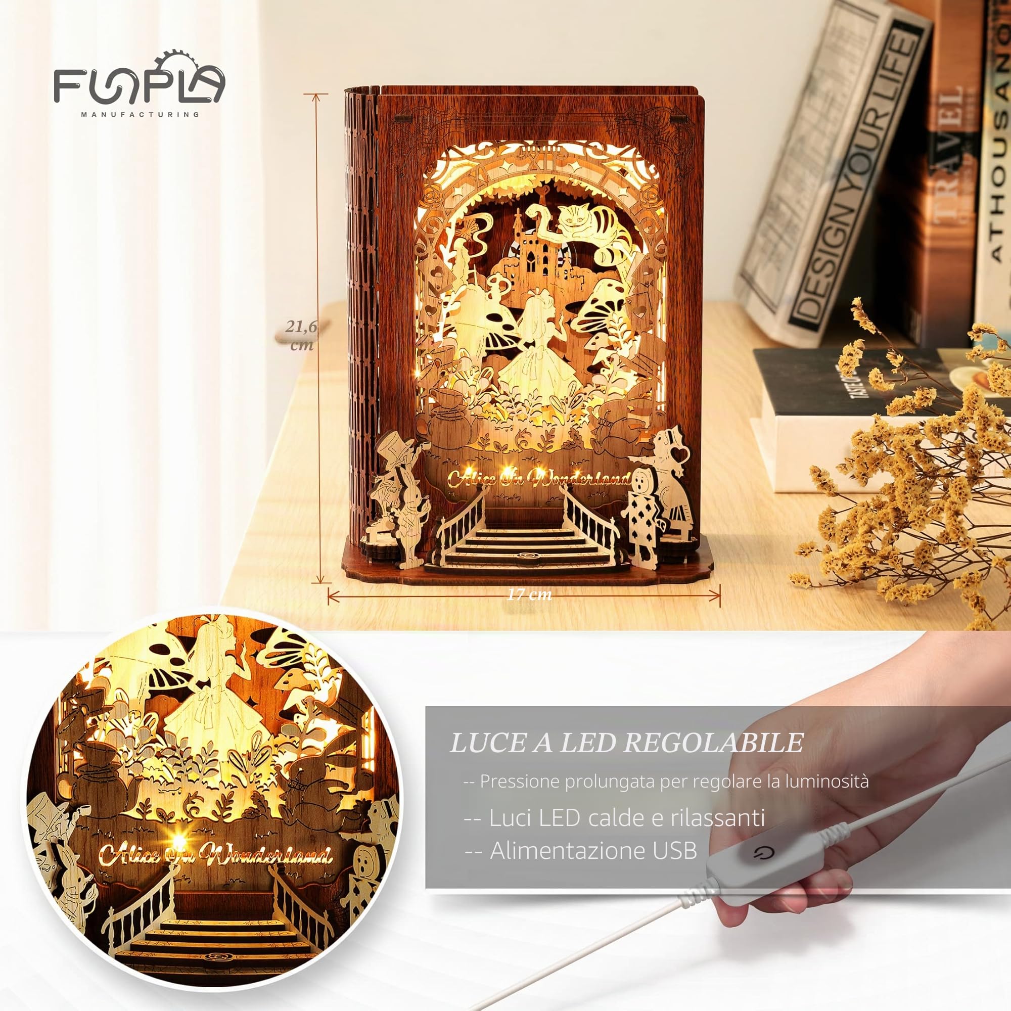 FUNPOLA Alice nel Paese delle Meraviglie Puzzle 3D Luce Notturna – Lampada da Libro LED 3D Fai da Te – Puzzle in Legno 3D Lampada Decorativa per Bambini e Adulti