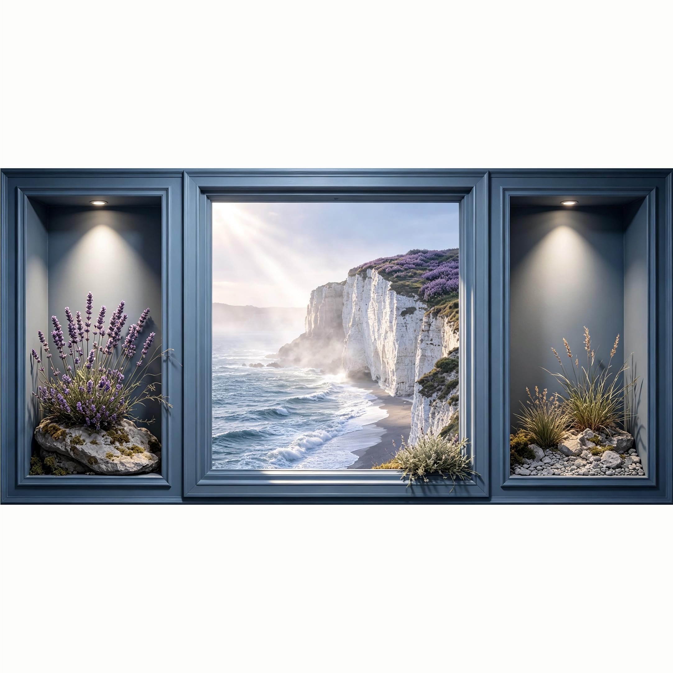 QZLITHOTIC 50x100cm 3D Framed Wall Art， Coastal Lavender Cliff Seascape Self‑Adhesive Mural， Water‑Activated Peel & Stick Fabric Decor Wall Decal for Bedroom Living Room