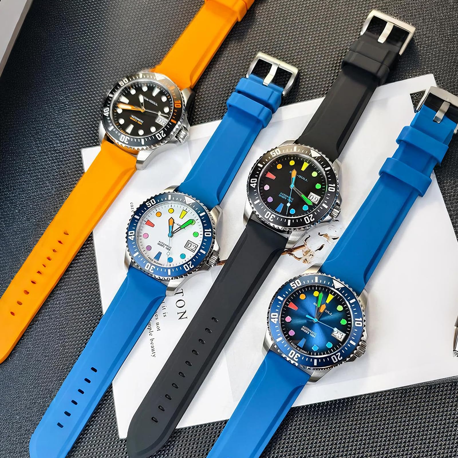 SEA-GULL Automatische Taucheruhr für Herren, 100 m wasserdicht, mechanische Armbanduhr mit bunten Markierungen, synthetisches Saphirglas, Silikonband