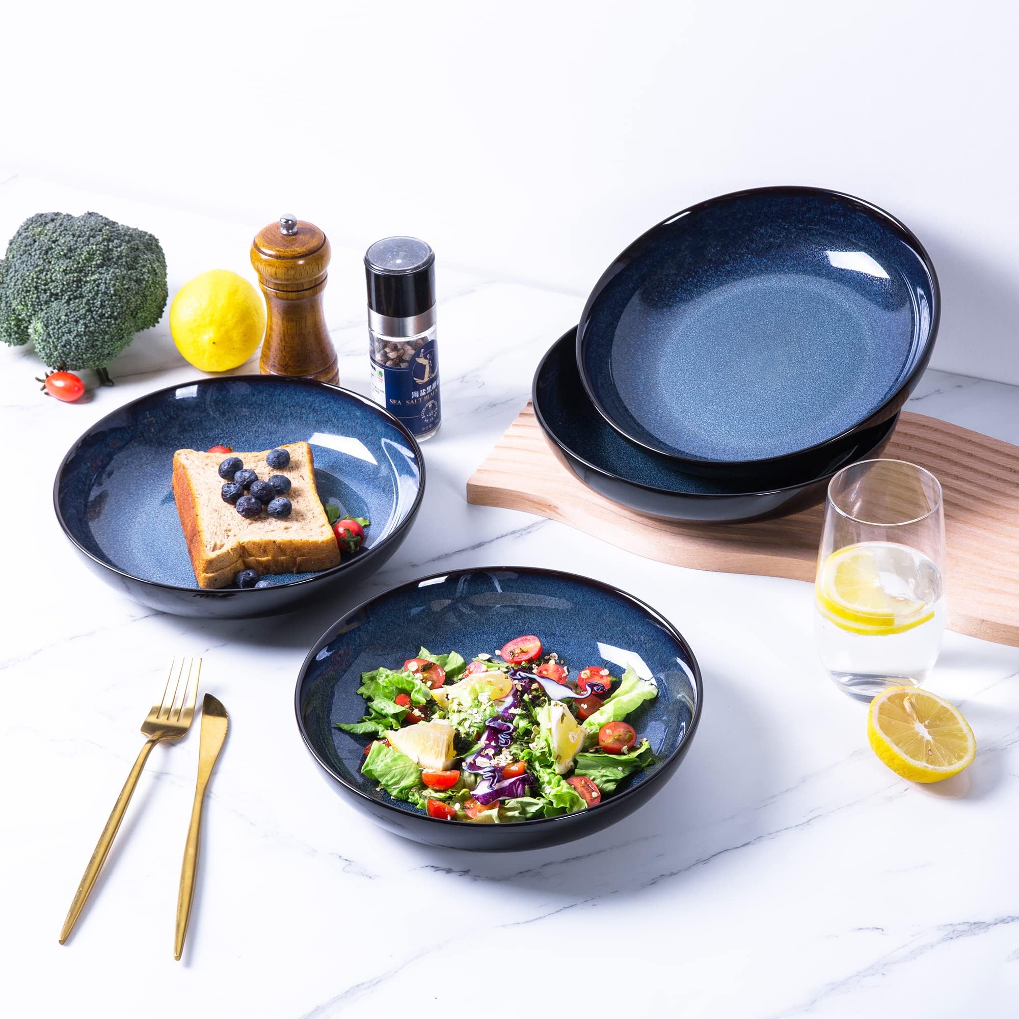 LeRatio Lot de 6 grands bols à pâtes de 22 cm, assiettes profondes en grès résistant aux rayures, bols à soupe et nouilles modernes, passent au micro-ondes et au lave-vaisselle, bleu spatial