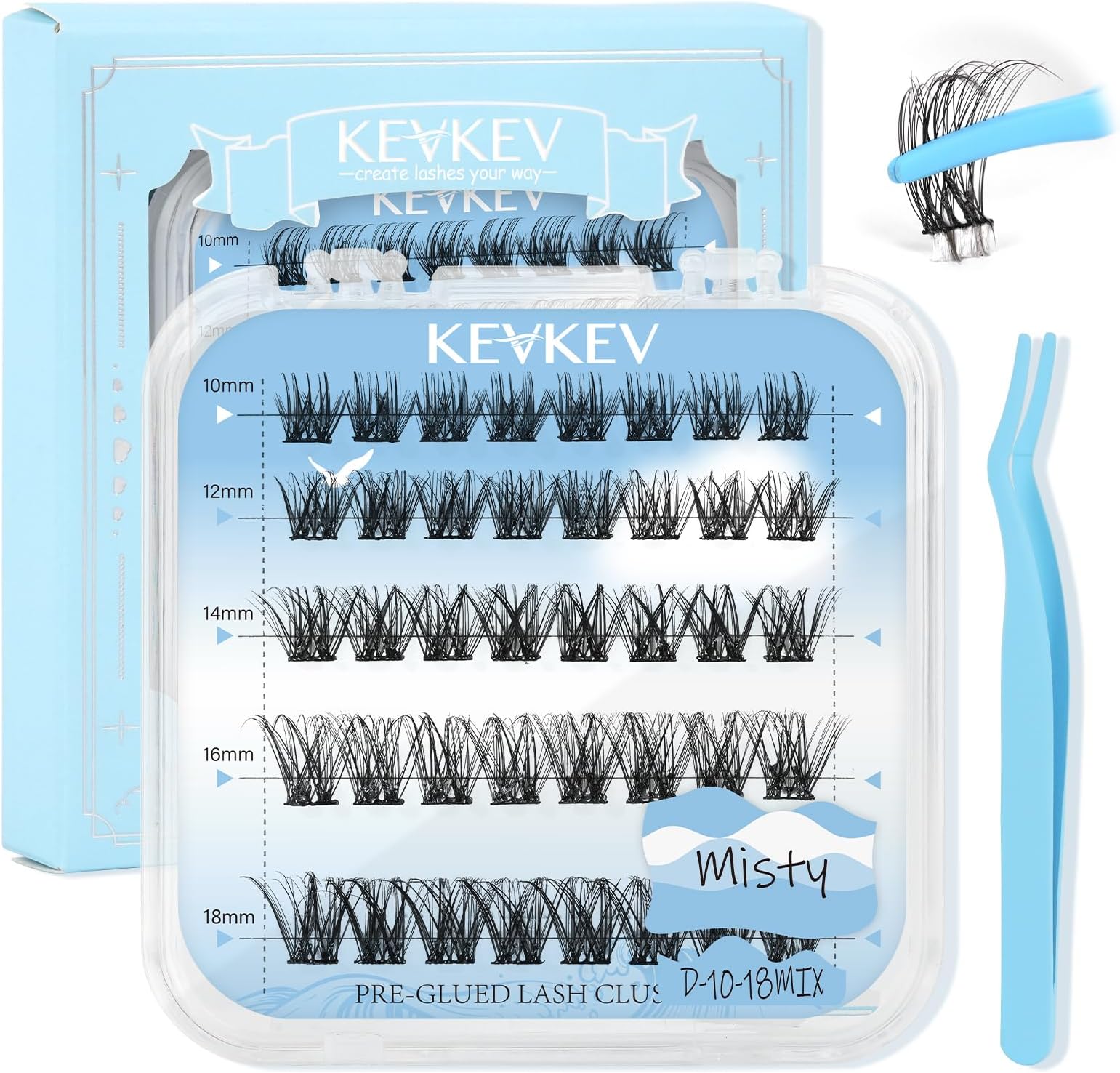 KevKev Self Adhesive Eyelashes 40Pcs Press On Lashes No Glue Needed Self Adhesive Lash Clusters Reusable Pre-Glued Eyelashes with Tweezers DIY Lash Extension Kit for Beginners (Misty, D-10-18mm)