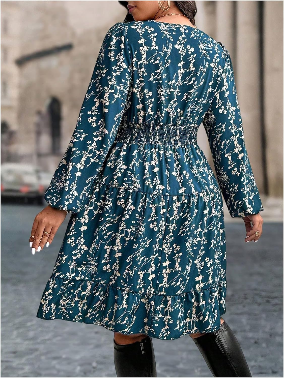 Women's Plus Size Floral Dress Boho Wrap V Neck Long Sleeve Ruffle Hem A Line Flowy Short Dresses - Image 2