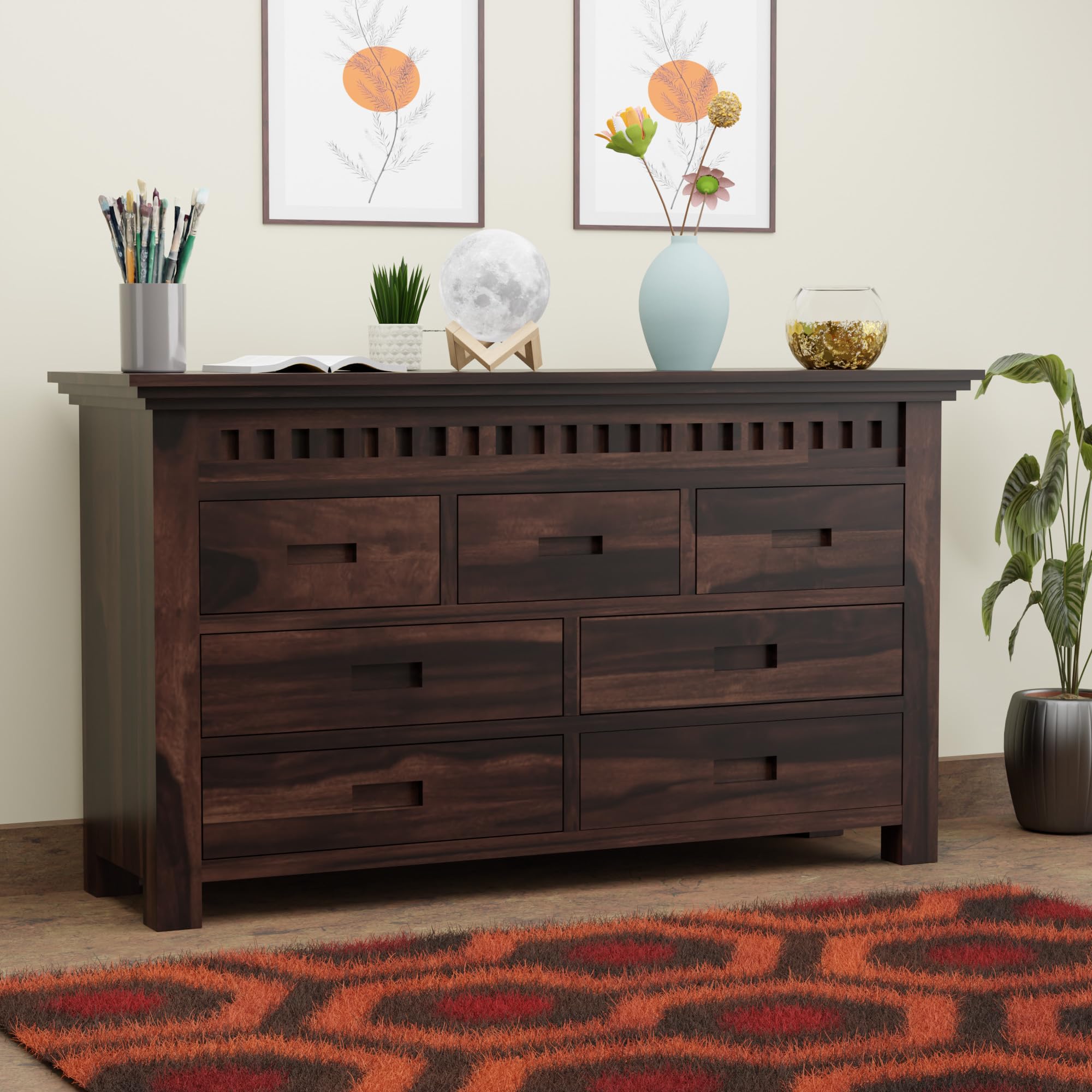 Krishna Wood Decor Furniture Solid Sheesham Wood Wooden Chest of Drawers with 7 Drawer Storage | Multipurpose Sideboard Cabinet Rack Display Unit for Bedroom Kitchen Cabinet, Walnut Finish-image-19
