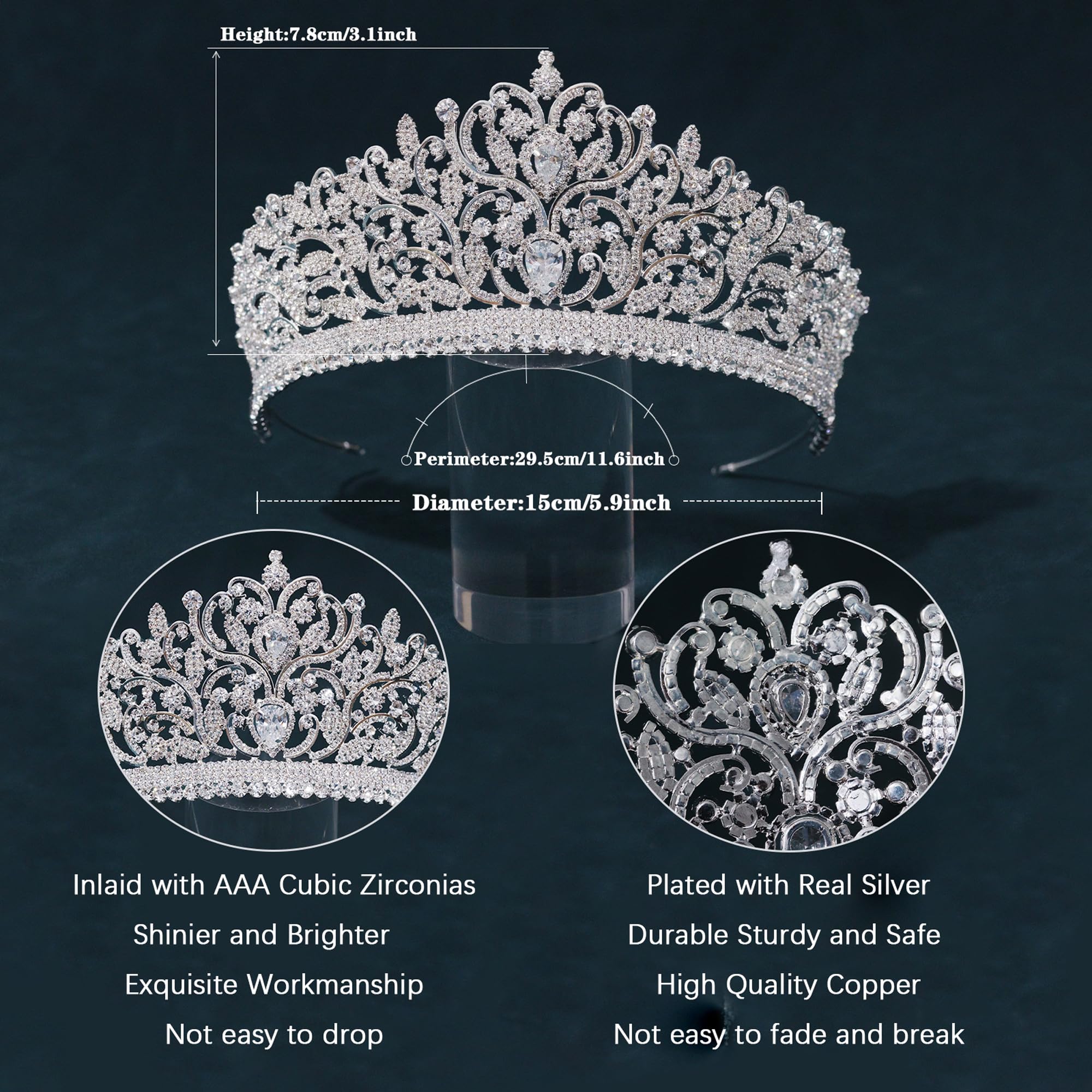 Tiaras y coronas plateadas de circonita cúbica para mujer, tocado de reina, fiesta de graduación, boda, novia, cristal, accesorios grandes para el cabello, Talla única, Diamante falso,