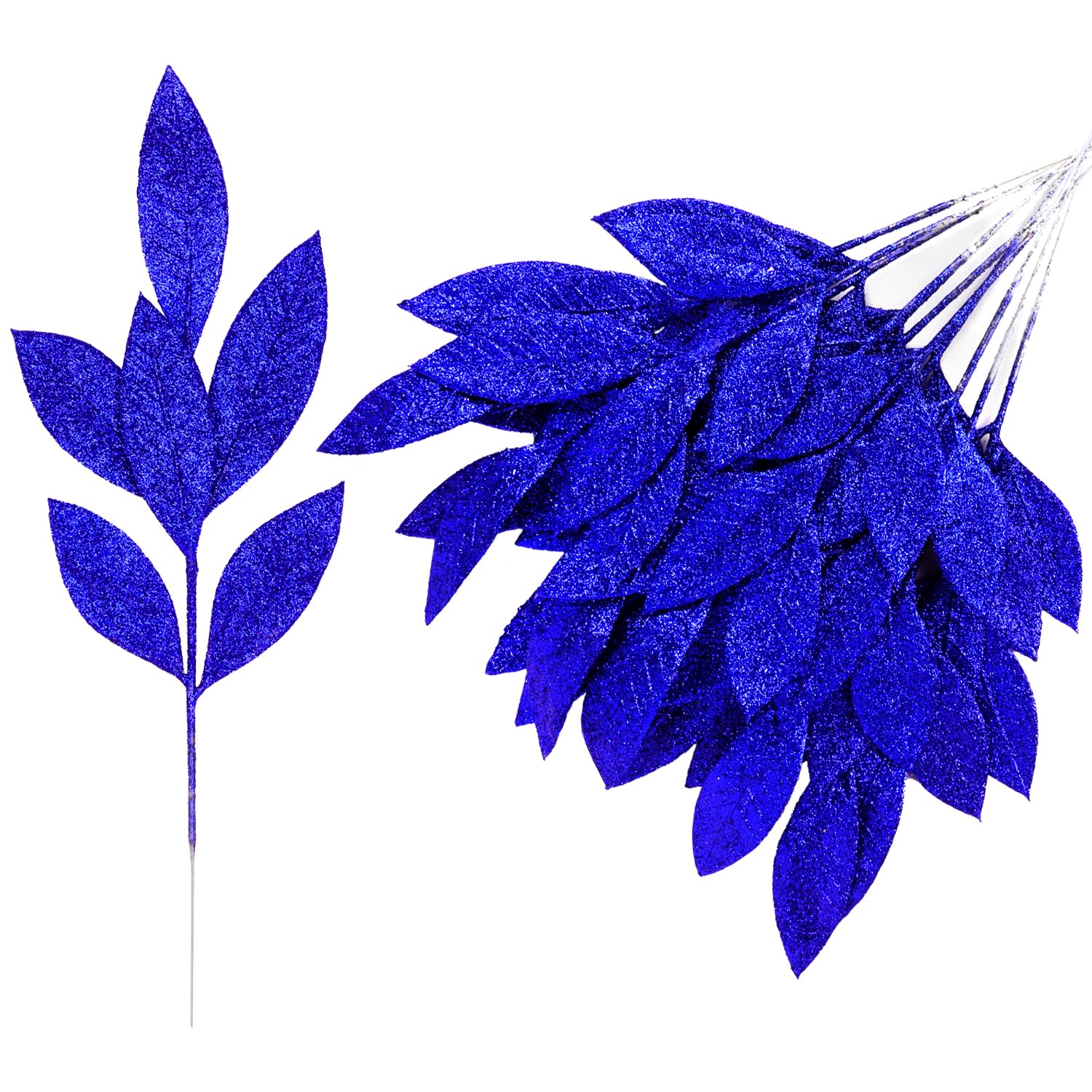 DERAYEE12 Pcs Artificial Royal Blue Glitter Leaf Spray Picks, 12 Inch Fake Floral Leaf Branches for Winter Christmas Tree DIY Wreath Vase Fillers Wedding Table Centerpieces Decorations