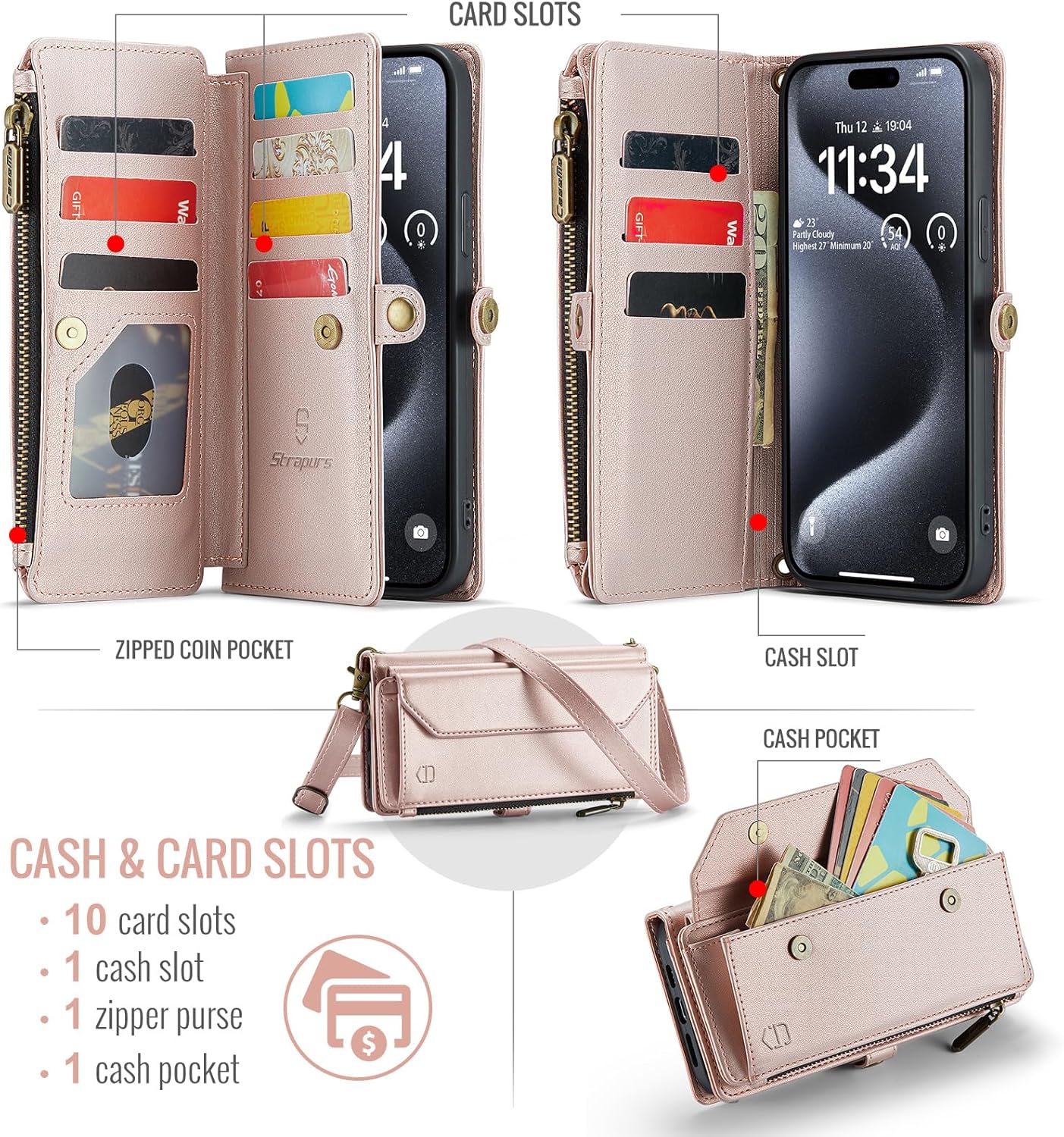 Wallet Case Compatible with iPhone 15 Pro Max RFID Blocking 10-Card Holder Soft PU Leather Magnetic Snap Shoulder Strap Zipper Pocket Phone Case Fit for iPhone 15 Pro Max 6.7" - Rose Gold - Image 2