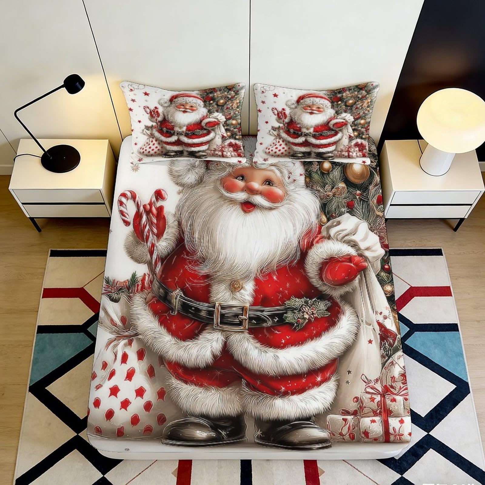 3D Printed Santa Claus Fitted Sheet Microfiber Soft Breathable Christmas Bed Cover with Gift Pattern Mattress Cover for Bedroom Dormitory 90x200x25cm