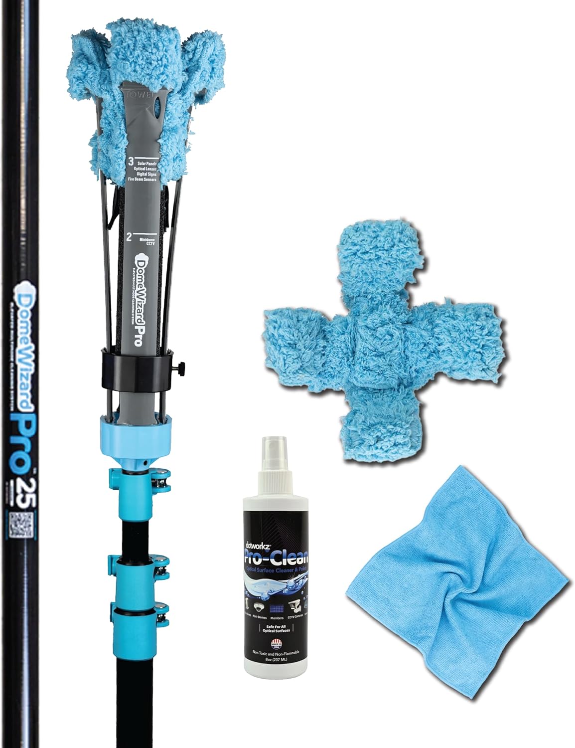 DomeWizard™ 25' Security Camera Cleaning Kit with Professional Grade Carbon Fiber Pole – Lens Cleaner for Dome, PTZ, Mini Dome & Bullet Cameras – Reusable Microfiber Mitt + 8oz Cleaning Solution