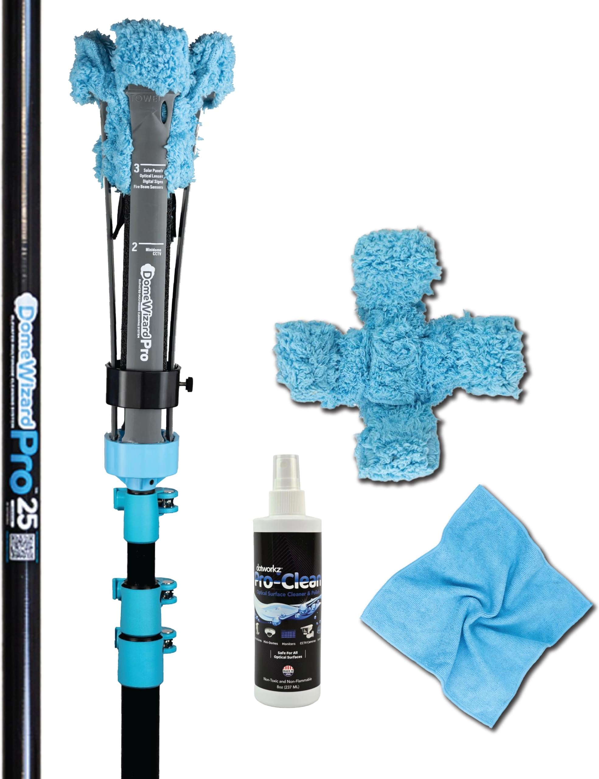 DomeWizard™ 25' Security Camera Cleaning Kit with Professional Grade Carbon Fiber Pole – Lens Cleaner for Dome, PTZ, Mini Dome & Bullet Cameras – Reusable Microfiber Mitt + 8oz Cleaning Solution