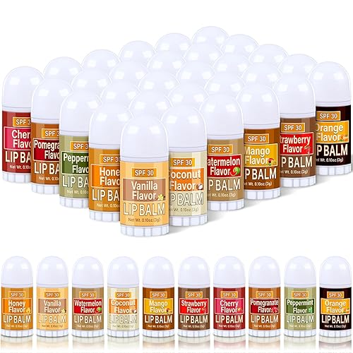 Miniatura 9 de Dimsile 60 unidades de bálsamo labial SPF 30 a granel, protector solar a granel, mini bálsamo labial, sabores surtidos, regalos de fiesta,