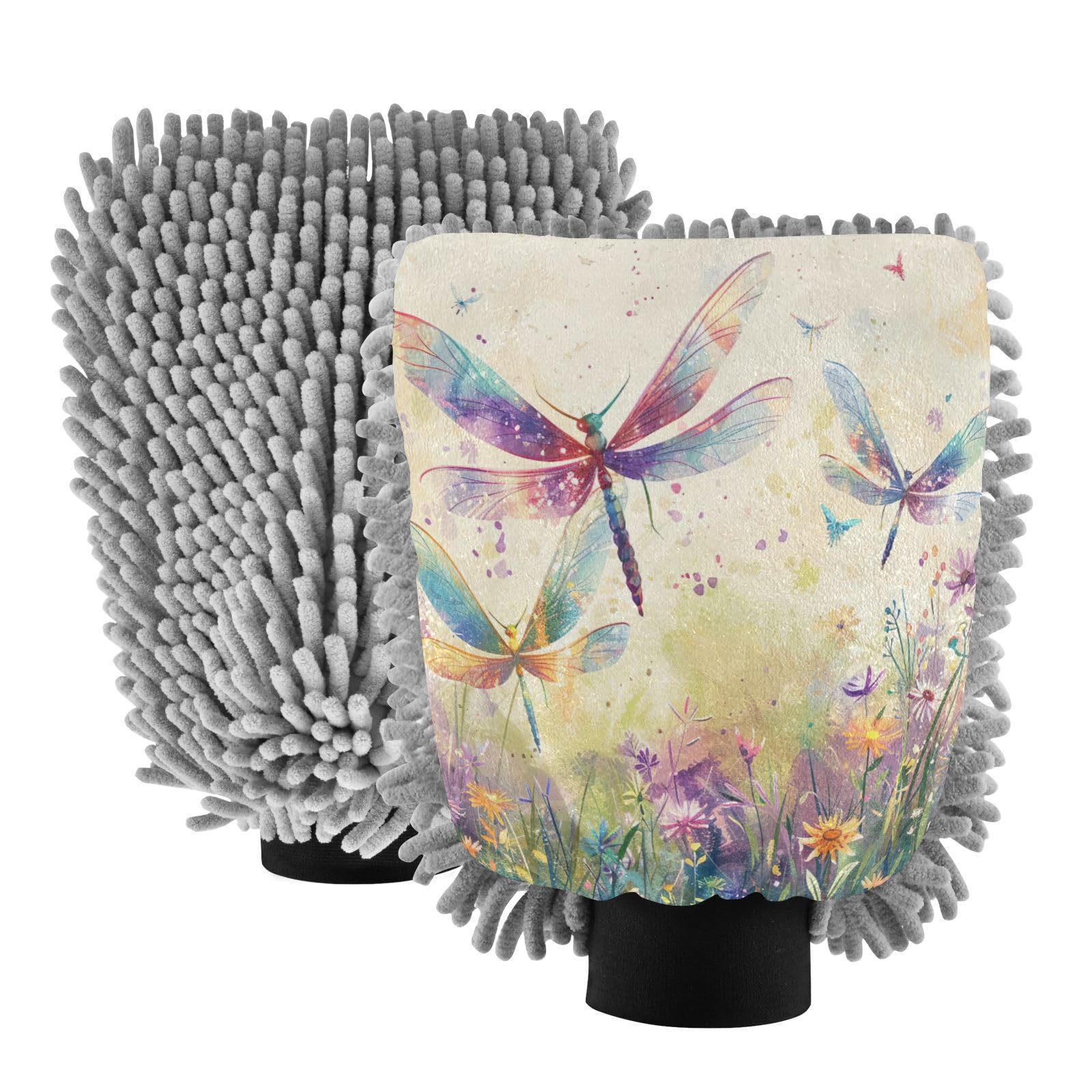 Kigai Dragonflies and Flowers Car Wash Mitt Microfiber, 2Pcs Scratch Free Lint-Free, Premium Chenille Microfiber Mitt Car Wash Brush-M