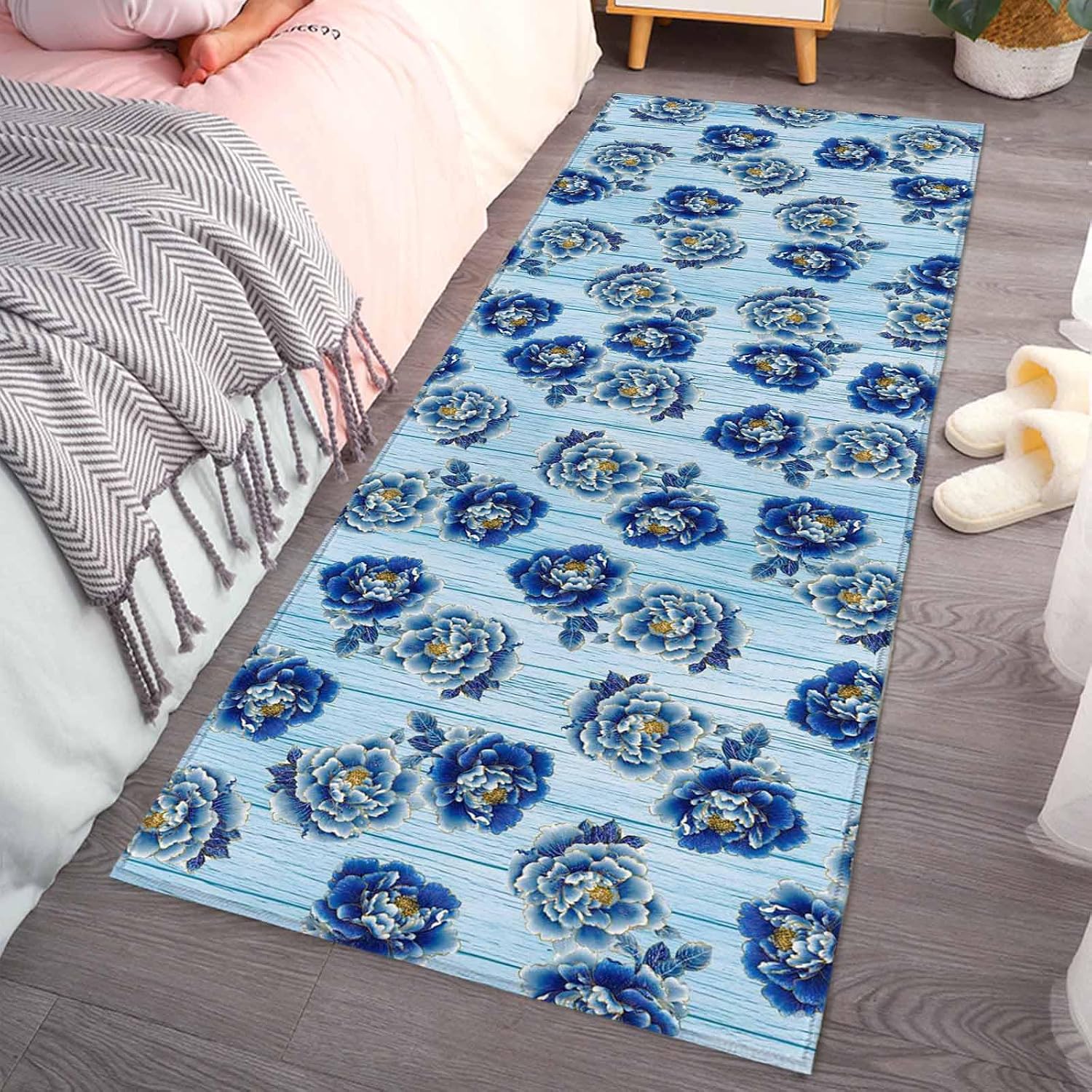 Teamery Kitchen Mats for Floor Country Peony Flower Wood Board Washable Non Slip Kitchen Rugs 1PCS, Blue Gradient Floral Absorbent Standing Mats for Sink Bathroom Office Living Room 23.6x70.9in