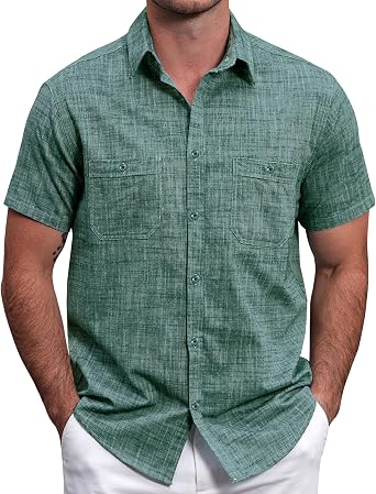 VATPAVE Mens Chambray Shirt Button Down Short Sleeve Shirt Summer Beach Casual Shirts with Pockets XX-Large Dark Green