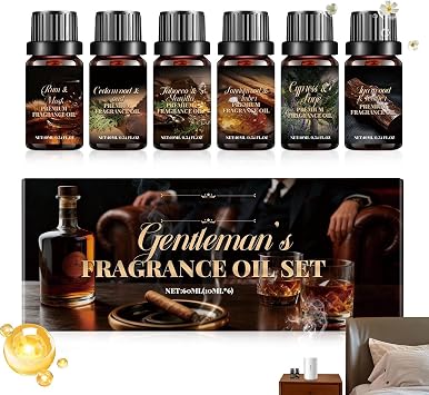 Oil Gift Set for Men - 6 Aromatic Bottles, Rich Leather and Agarwood Fragrance, Deep Calming Diffuser Oils, Masculine Relaxation Blend | Ideal for Bedroom Office Yoga Aromatherapy Sessions