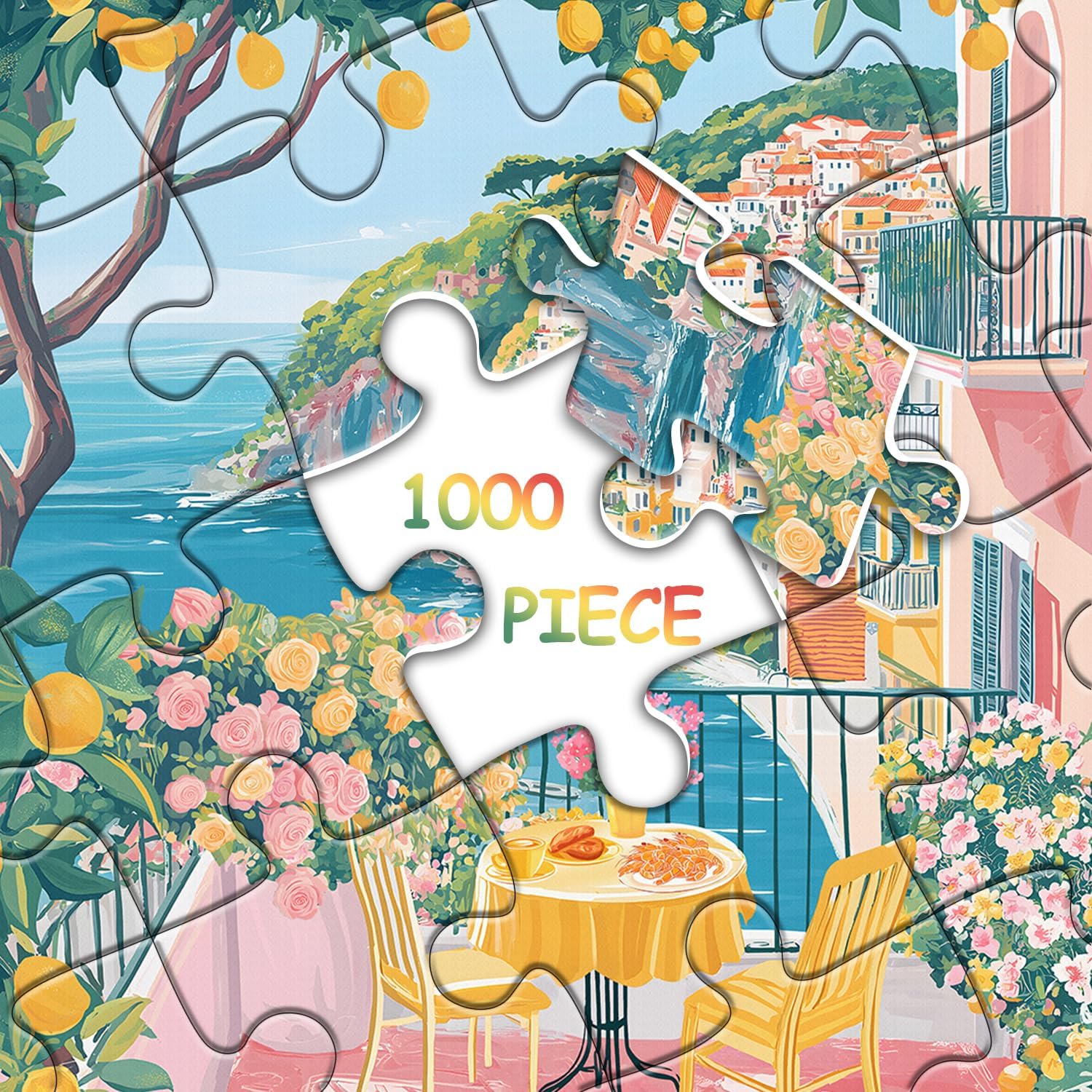 Italy Cinque Terre Puzzle Puzzles for Adults 1000 Pieces, Colorful Beach Puzzle with Flower, Summer Ocean Scenery Art, Italian Seaside Landscape Jigsaw Puzzle