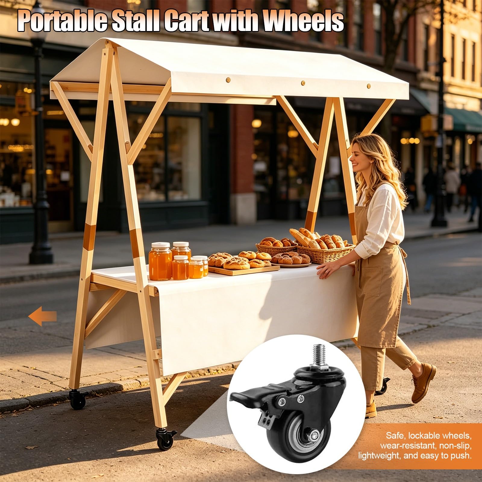HARELA Imbisswagen Aus Holz, Marktstand Imbisswagen mit Markise Und Feststellrädern, Marktstand-Ausstellungsständer für Outdoor, für Straßen-/Bauernmärkte/Handwerksausstellungen(Pink A,150cm/59in)