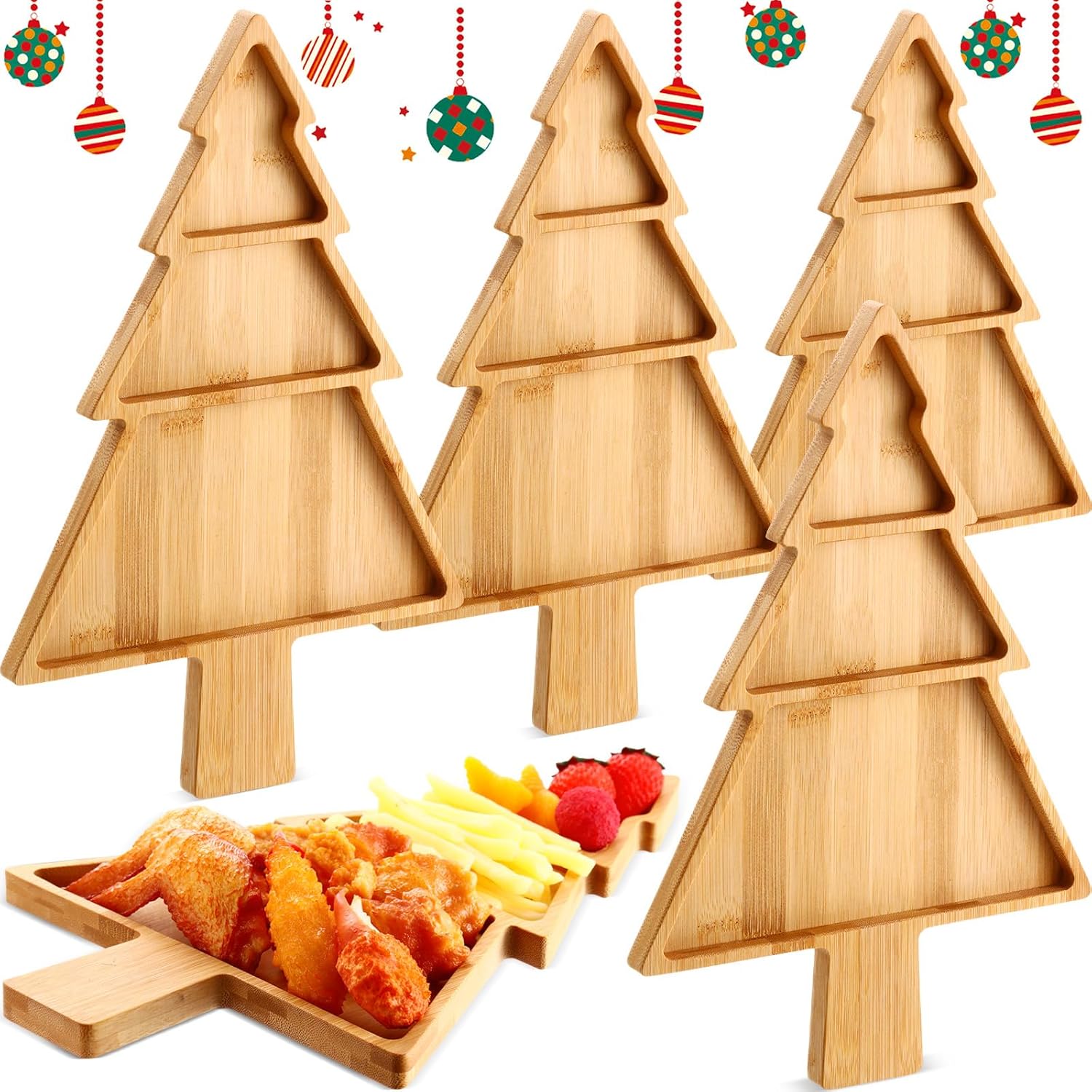 Suzile 4 Pcs Christmas Bamboo Serving Platter 15 x 9.8 Inch Reusable Bamboo Plates Wooden Charcuterie Tray Funny Charcuterie Board Tree Serving Dish for Fruit Bread Cheese Xmas Gifts (Christmas Tree)