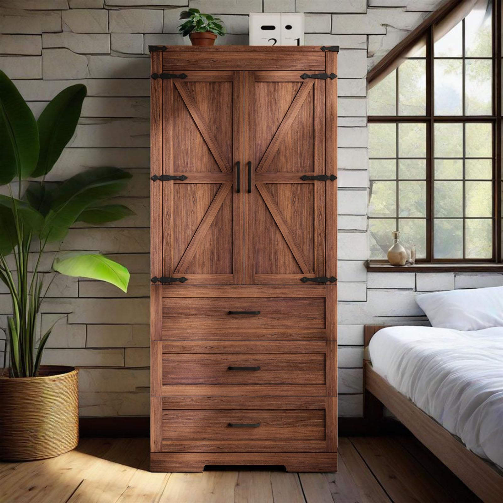 CayugaCrekrd 70" Tall Wardrobe Closet with 2 Doors & 3 Drawers, Farmhouse Armoire with Hanging Rod, Wooden Armoire Wardrobe Closet for Bedroom,