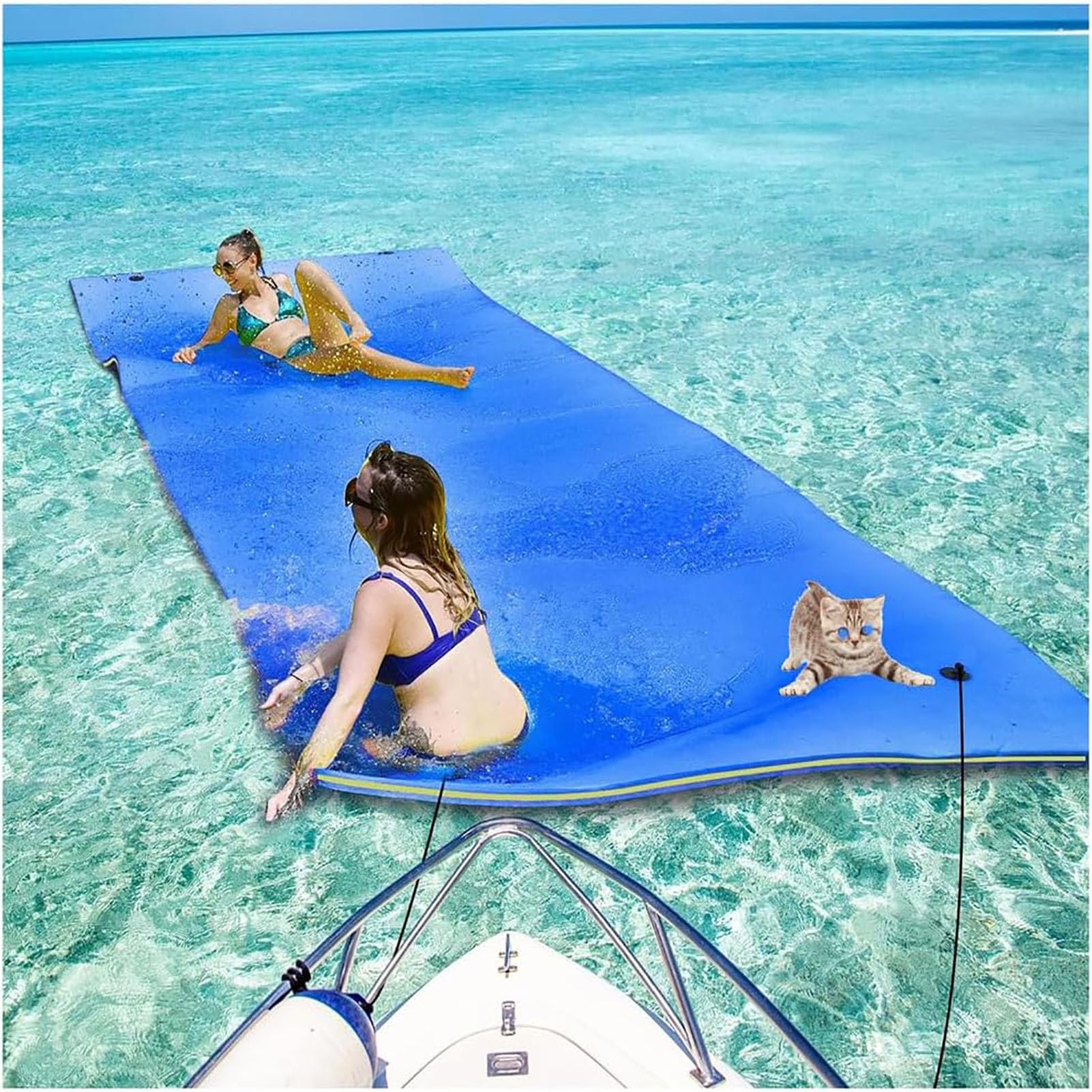 Tappetino Galleggiante – Tappetino Galleggiante per Lago, in Schiuma XPE a 3 Strati Antistrappo, con Corda Elastica di Ancoraggio; Ideale per Lago, Spiaggia, Mare e Piscina,Blu,2.7m x 1.5m x 3.3cm