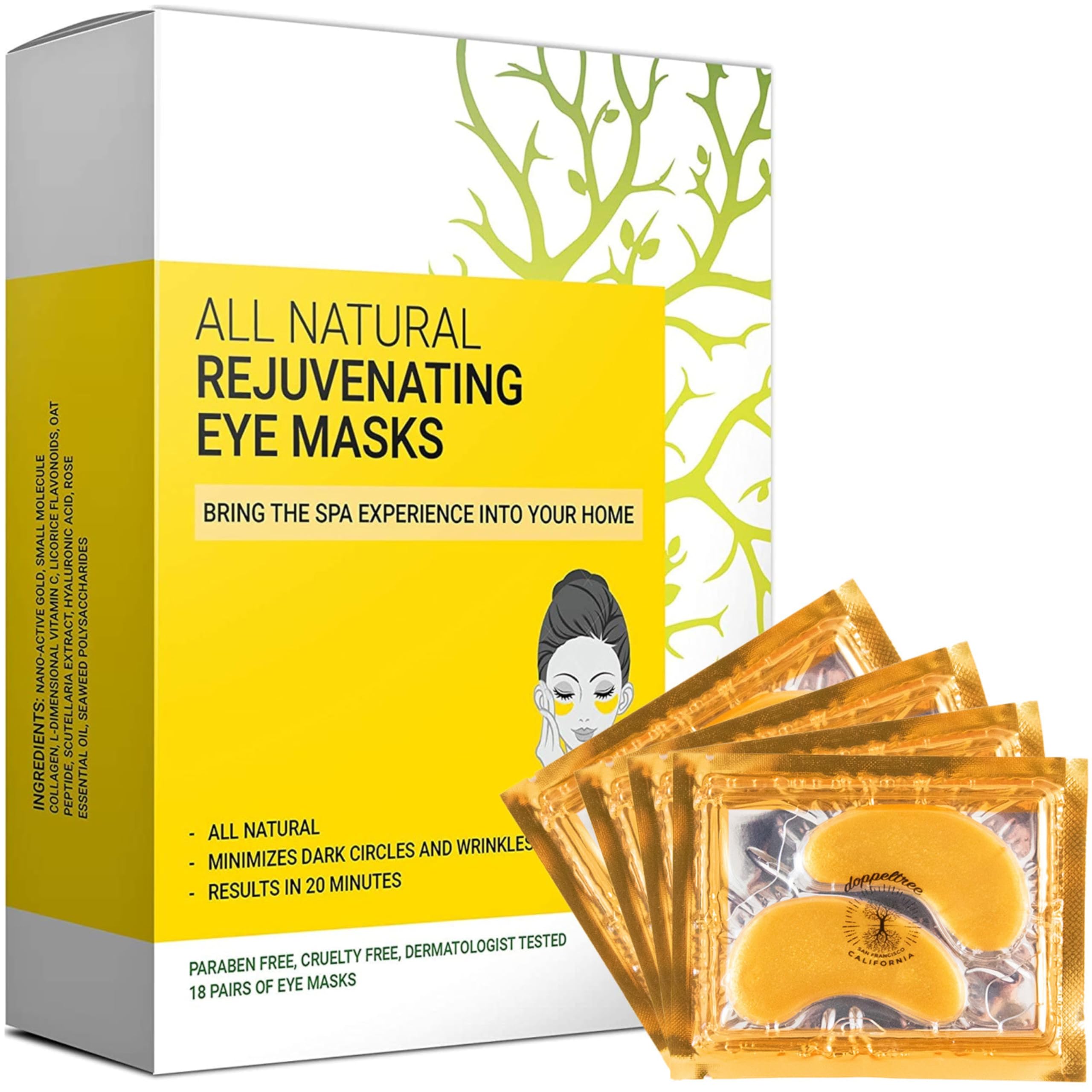 (18 pairs) All Natural Under Eye Masks & Patches - Gel Pads Treatment for Puffy Eyes & Bags, Dark Circles and Wrinkles | 24K Gold with Collagen, Hyaluronic Acid, Hydrogel | Formulated in San Francisco