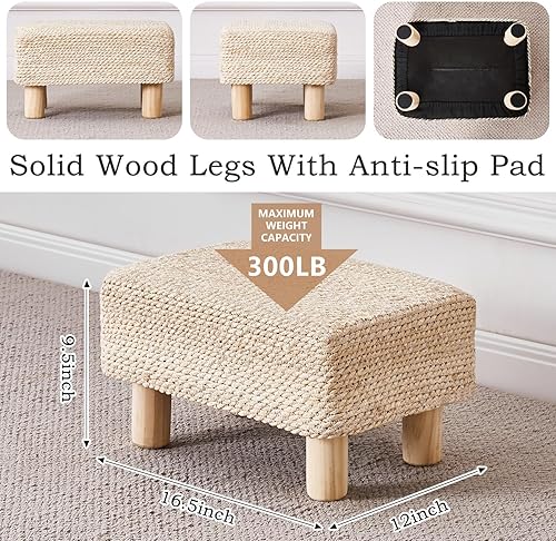 Miniatura 3 de Wimarsbon Reposapiés Otomano de Hierba Marina Natural Rectangular Reposapiés Puf Otomanos con Patas de Madera Tejido a Mano Taburete Escalón para