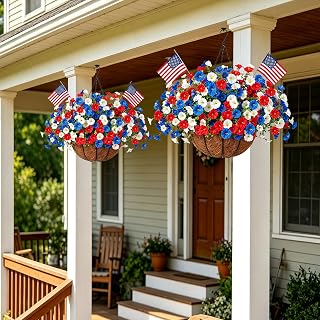 Artificial Hanging Flower Baskets, Red, White, and Blue Patriotic Faux Flowers, UV Resistant, for Outdoor Porch, 4th of July Decor, 2 Pack
