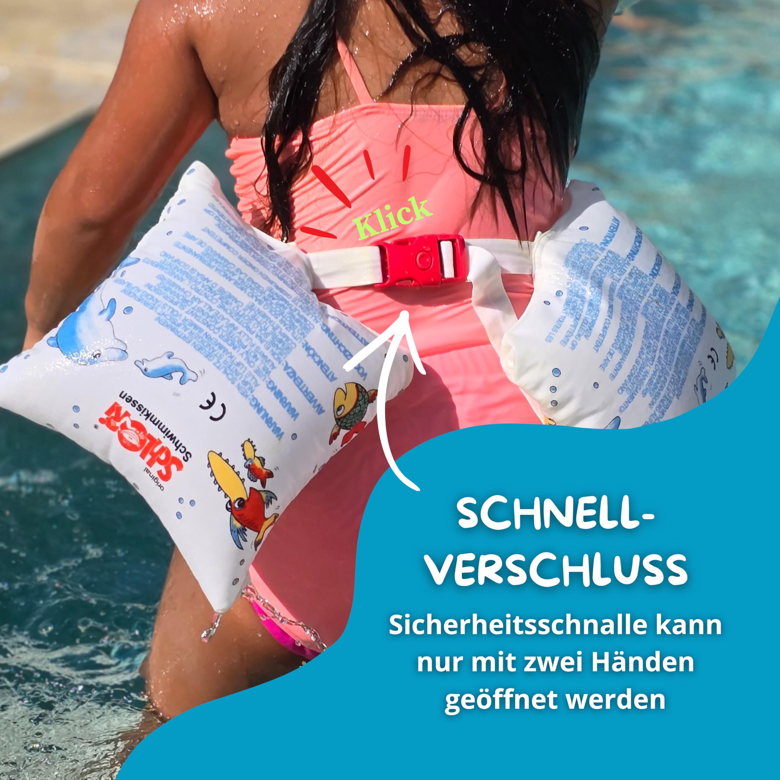 Schlori Schwimmkissen mit Schnalle, Schwimmlernhilfe für Kinder 11-60 kg, 100% Baumwolle, TÜV GS Geprüft