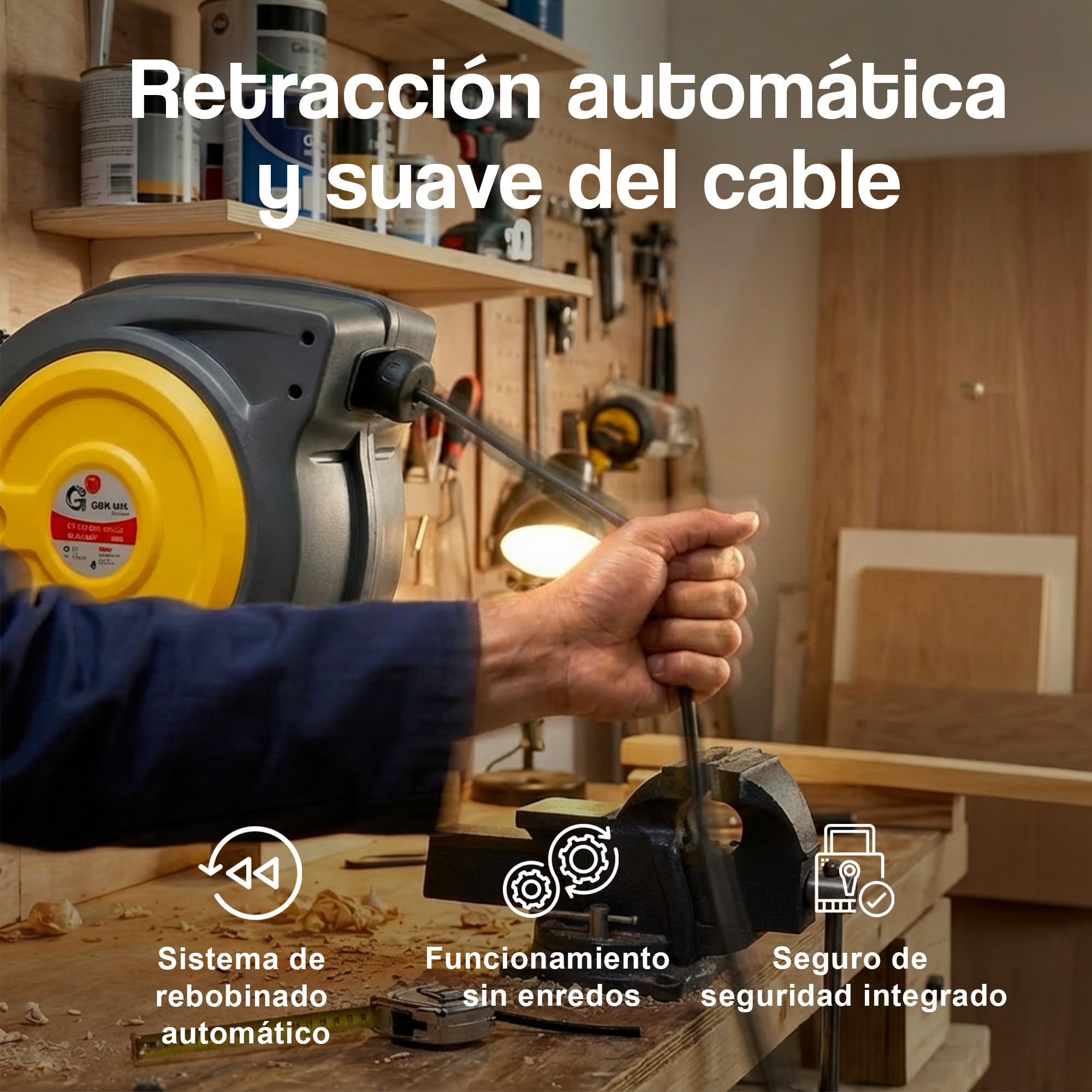 G Carrete de cable eléctrico automático 1,5 mm² × 15 m – Carrete retráctil inteligente con soporte giratorio para taller, garaje y jardín