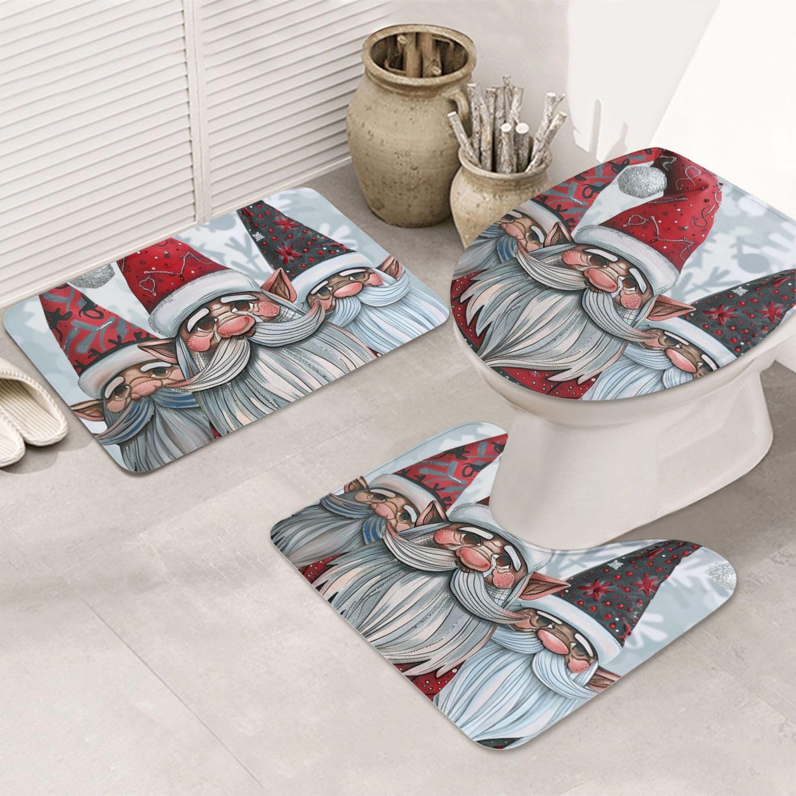 Tapis de bain Noël lot de 3 absorbant avec contour et housse WC