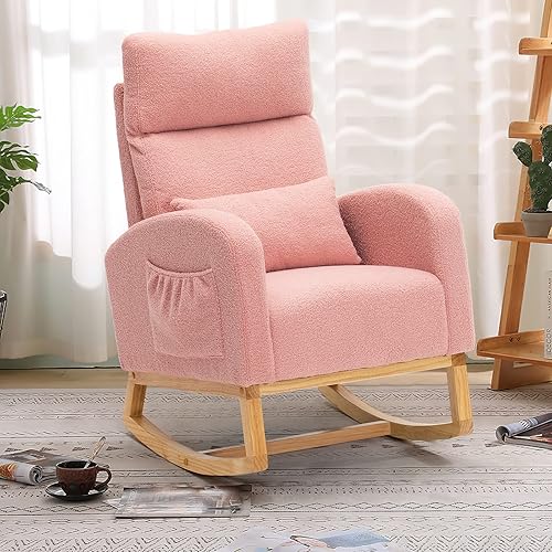 Miniatura 7 de FamiTOP Mecedora de terciopelo con respaldo alto tapizado, silla suave para guardería, silla decorativa moderna con almohada para sala de estar,
