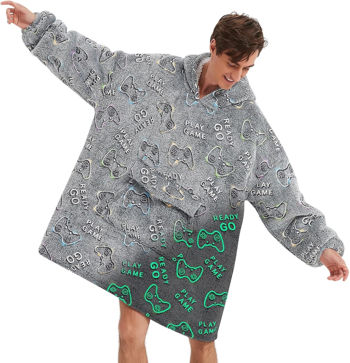 Sudadera con capucha para adultos, manta de forro polar Sherpa de gran tamaño para mujeres, hombres, jugadores, controlador de juego que brilla en la oscuridad
