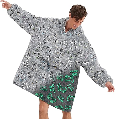 Manta con capucha que brilla en la oscuridad con capucha para hombres y mujeres, sudadera sherpa de gran tamaño con bolsillo gigante, manta con