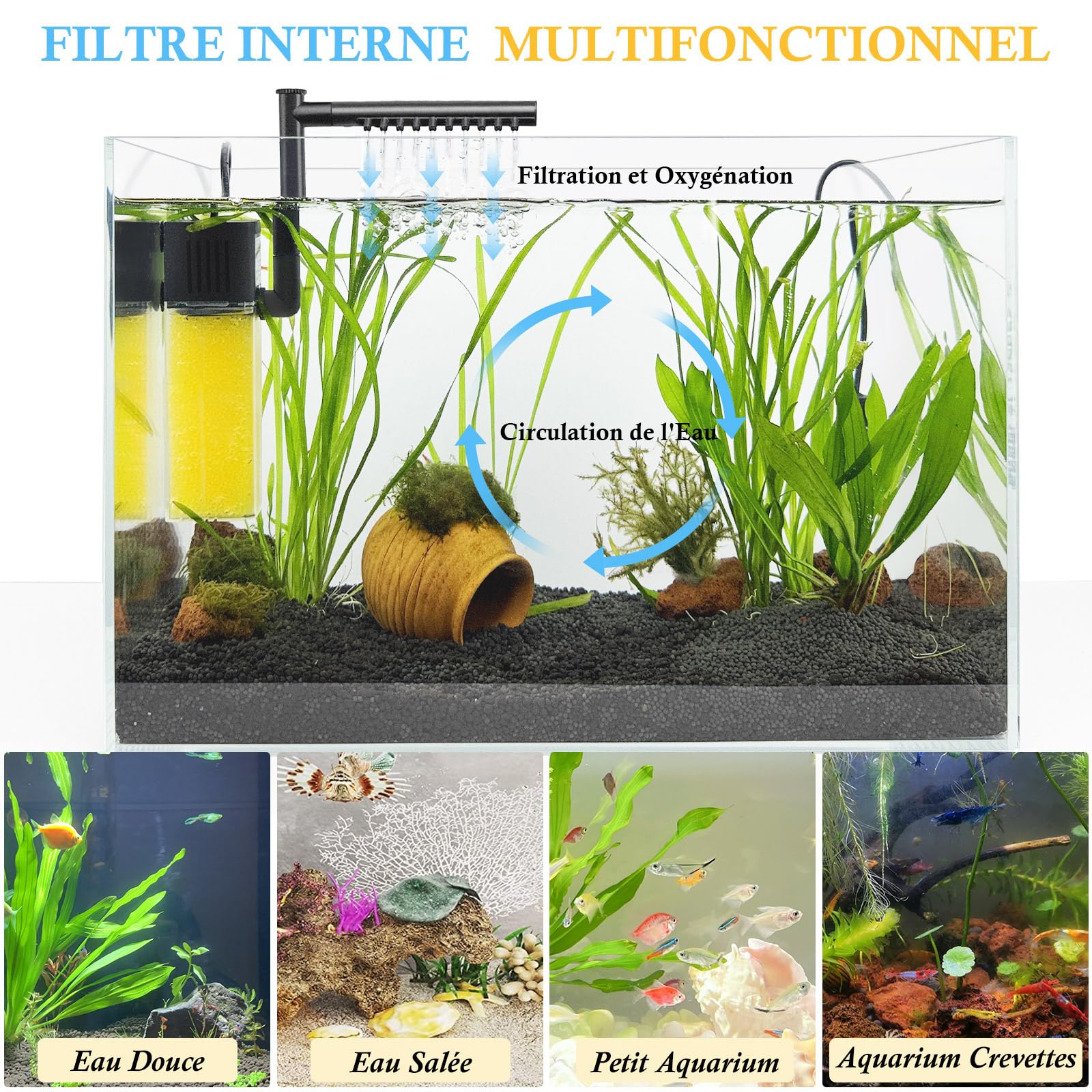 FEDOUR 8W 16W Filtre Immersible pour Aquarium, Filtre Interne de Bassin à Poissons Silencieux avec Barre de Pulvérisation, Puissant Filtre pour Aquarium de 15-300L(8W pour 15 – 120 litres)