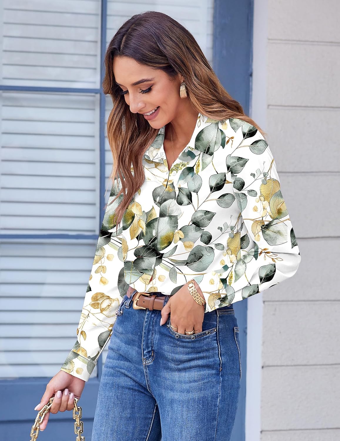 Zeagoo Button Down Shirts for Women Dressy Floral Printed Long Sleeve Blouse Business Casual Work Tops - Image 2