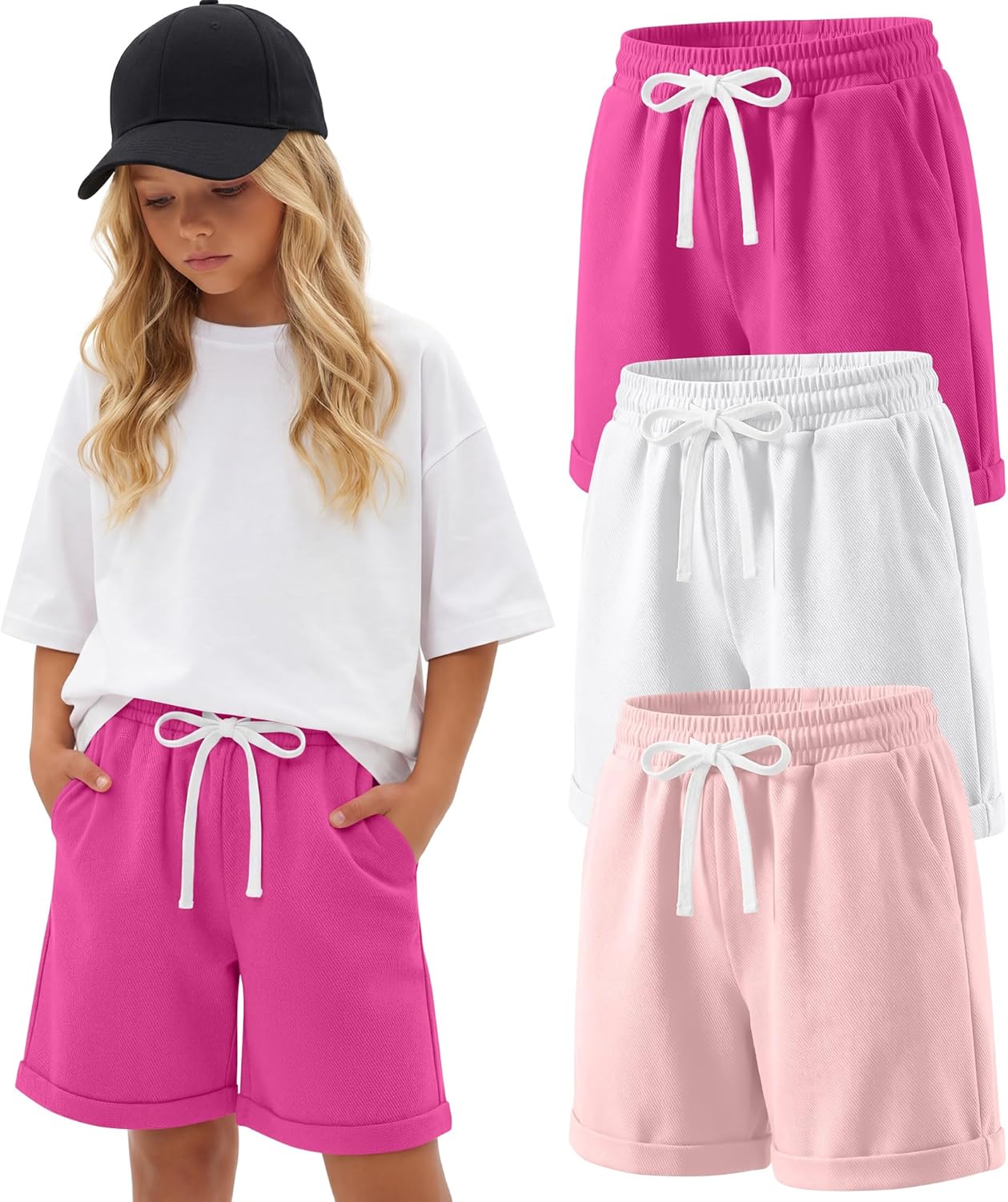 3 Pack Girls’ Bermuda Shorts 5-14Y Kids Cotton Wide Leg Cargo Shorts High Waist Casual Summer Clothes with Pockets