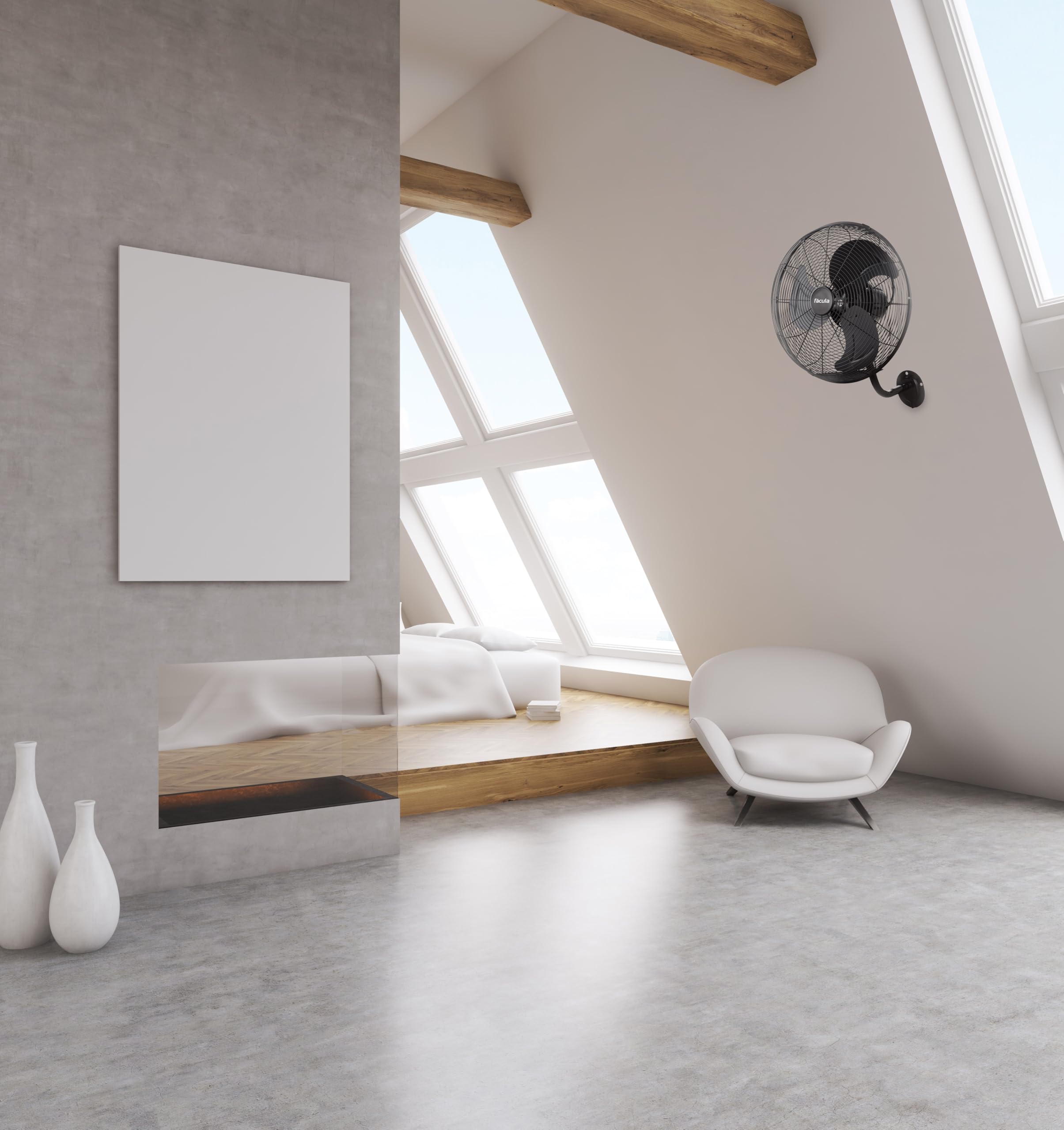 facula - Ventilador de Pared Negro Aura 90 W | 3 Aspas de Aluminio | Oscilación | 3 Velocidades | Motor de Aluminio | Diseño Industrial