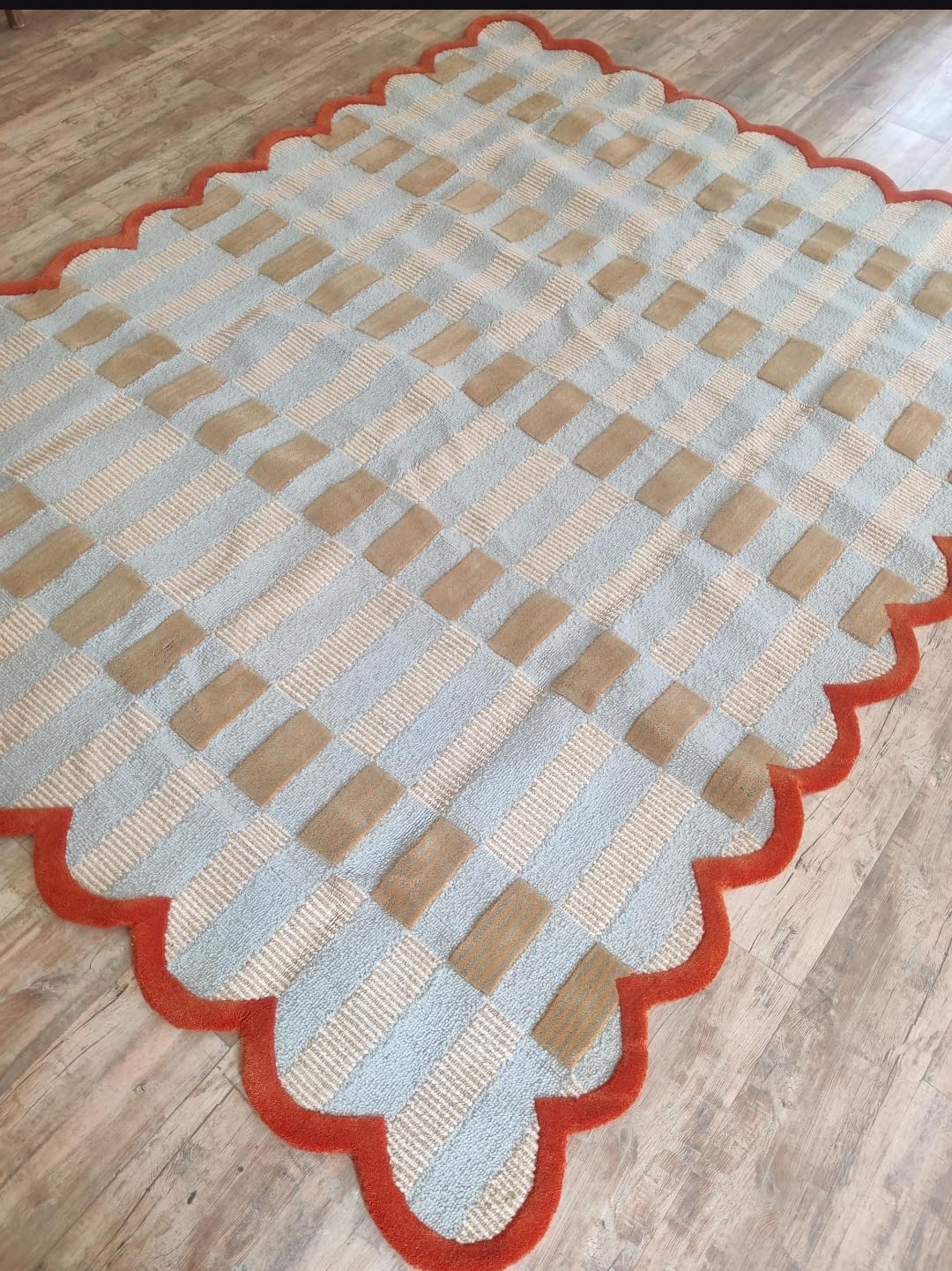 Area Rug with Scalloped Border, Geometric Checkered Pattern, Blue Tan Orange, Handwoven Textured Design (240 * 300 cm)