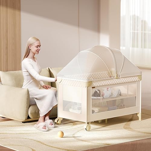 Miniatura 6 de Cuna 4 en 1, para empacar y jugar, cuna de noche, moisés con cambiador de pañales, mosquitera, almacenamiento inferior y barra de juguetes para