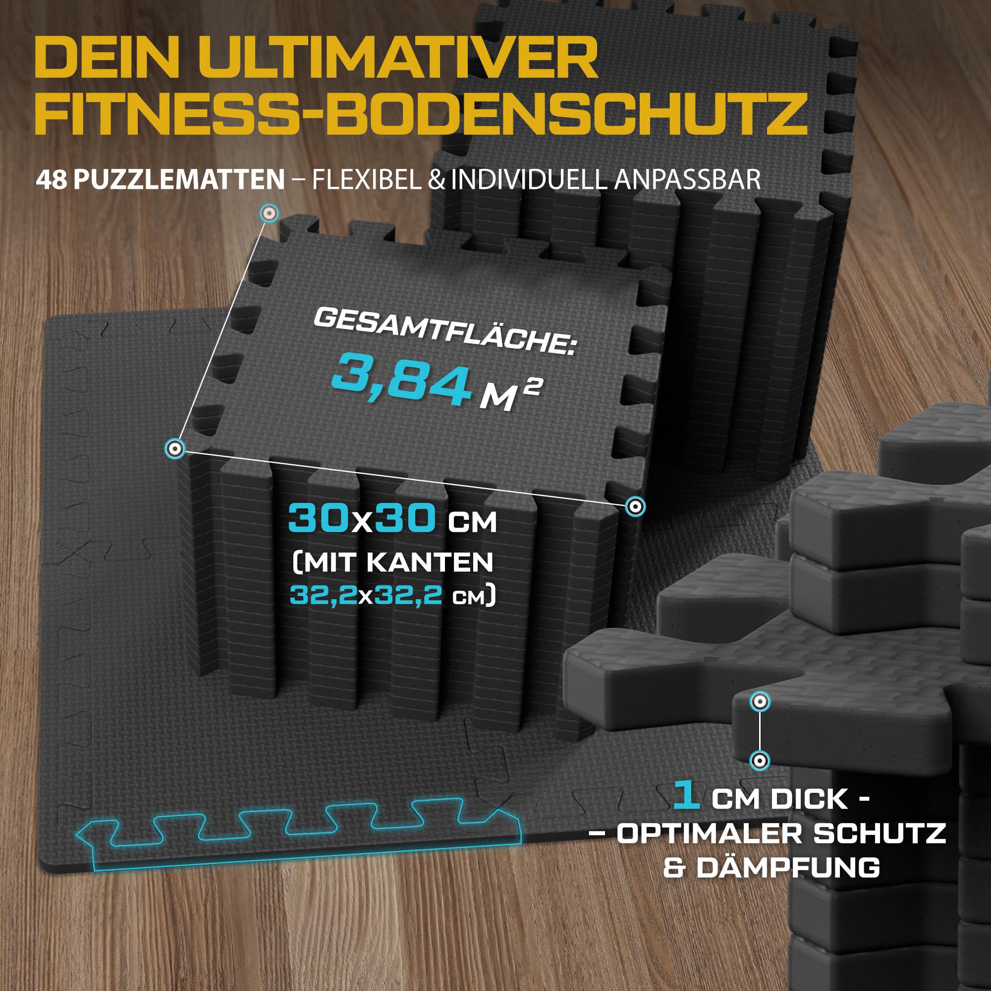 TREX SPORT Bodenschutzmatte Steckmatten 24/48 Stück 1 cm Schaumstoffmatten | Rutschfest, 1,97/3,84 m², Puzzlematte Bodenmatte, leise, robust