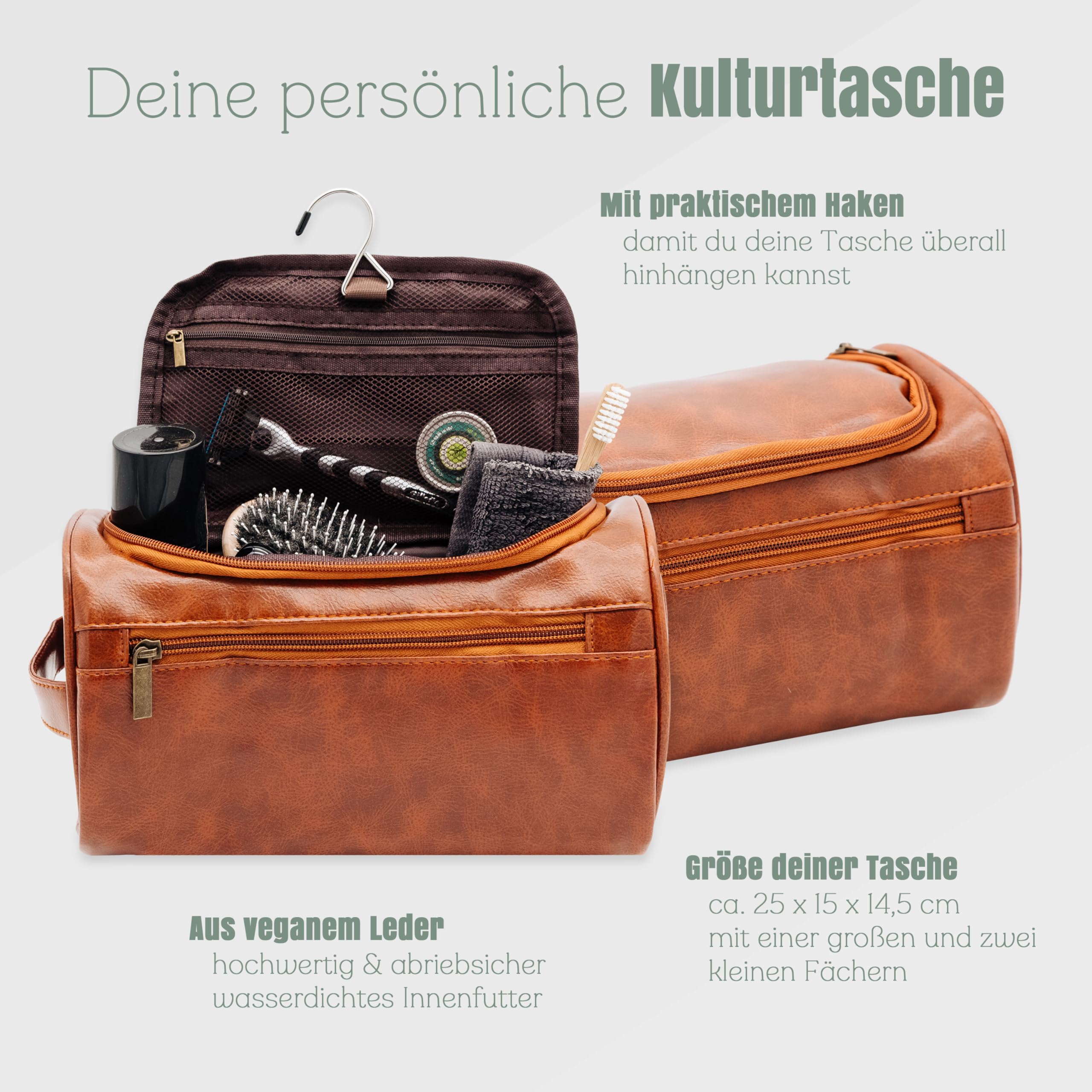 Kulturtasche personalisiert, Kulturbeutel für Männer mit Namen, Geschenke für Papa Vatertag, Necessaire Leder mit Wunschnamen (Initialen)
