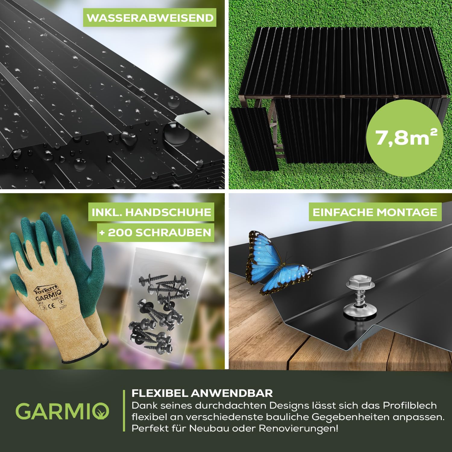 GARMIO® Profilblech Amalfi 115x45 cm Trapezblech Set 7,8 m² Dachblech verzinkter Stahl schwarz